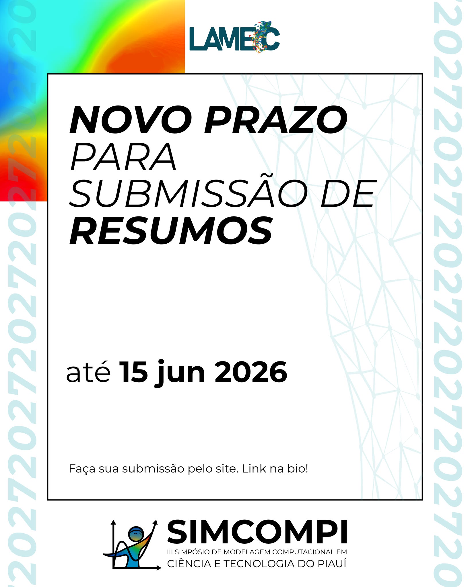 🚨 O prazo foi prorrogado! 🚨
Você queria submeter seu resumo para o III SIMCOMPI, mas não conseguiu finalizar a tempo?
Então essa é a sua nova chance! 👀
As submissões foram prorrogadas até o dia 15 de junho de 2026, dando mais tempo para você preparar seu resumo e participar desse espaço de troca, pesquisa e inovação
Não deixa pra última hora: organize seu resumo e venha fazer parte dessa edição! 🚀
📅 Novo prazo: 15 de junho de 2026
🔗 Submissões pelo link na bio.
#simcompi #ufpi #pesquisa #engenharia #modelagemcomputacional #cienciaetecnologia