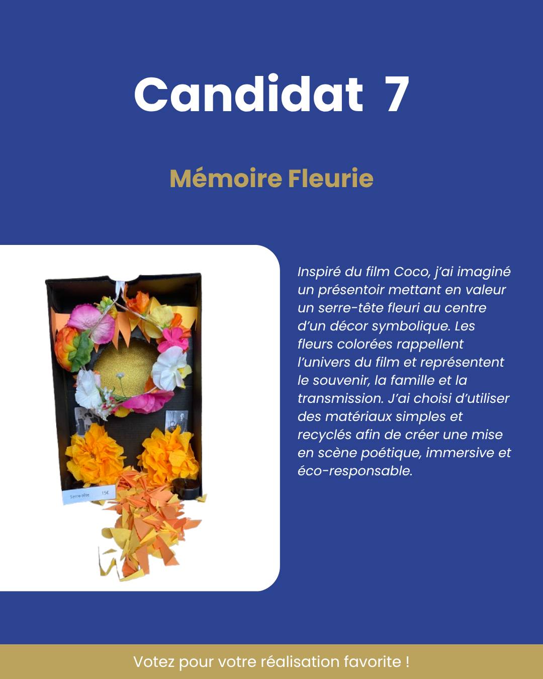 ✨ CHALLENGE MDS 2026 : les votes sont ouverts !
Mémoire Fleurie
"Inspiré du film Coco, j’ai imaginé un présentoir mettant en valeur un serre-tête fleuri au centre d’un décor symbolique. Les fleurs colorées rappellent l’univers du film et représentent le souvenir, la famille et la transmission. J’ai choisi d’utiliser des matériaux simples et recyclés afin de créer une mise en scène poétique, immersive et éco-responsable."
🎈🍬 Jusqu'au 1 juin, votez sur Facebook et Instagram pour votre réalisation préférée !
#challenge #merchandising #retail #formation #visualmerchandising