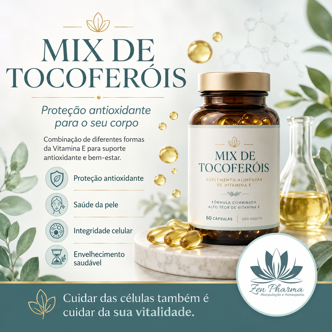 O cuidado com a saúde também acontece no nível celular. 🌿
O Mix de Tocoferóis reúne diferentes formas da Vitamina E, como alfa, beta, gama e delta-tocoferol, oferecendo uma estratégia nutricional voltada ao suporte antioxidante e à proteção das células contra os efeitos dos radicais livres.
No dia a dia, nosso organismo está exposto a fatores como estresse, poluição, má alimentação, radiação solar, excesso de rotina e processos naturais do envelhecimento. Tudo isso pode aumentar o estresse oxidativo — e é aí que os antioxidantes ganham importância.
O Mix de Tocoferóis pode auxiliar em:
✅ proteção antioxidante celular
✅ suporte contra o estresse oxidativo
✅ cuidado com a saúde da pele
✅ apoio à integridade das membranas celulares
✅ suporte ao envelhecimento saudável
✅ mais equilíbrio para o bem-estar geral
Diferente de utilizar apenas uma forma isolada da Vitamina E, o Mix de Tocoferóis oferece uma composição mais ampla, explorando diferentes frações dessa importante família de antioxidantes.
Na Zen Pharma, cada fórmula é preparada com qualidade, responsabilidade e atenção aos detalhes, sempre respeitando a orientação do seu profissional de saúde.
Cuidar das células também é cuidar da sua vitalidade. 💚
Zen Pharma Manipulação e Homeopatia
Ser Zen está em nosso DNA!
Base técnica: a Vitamina E atua como antioxidante no organismo, ajudando a proteger as células contra danos causados por radicais livres; ela inclui diferentes formas, entre elas os tocoferóis alfa, beta, gama e delta.