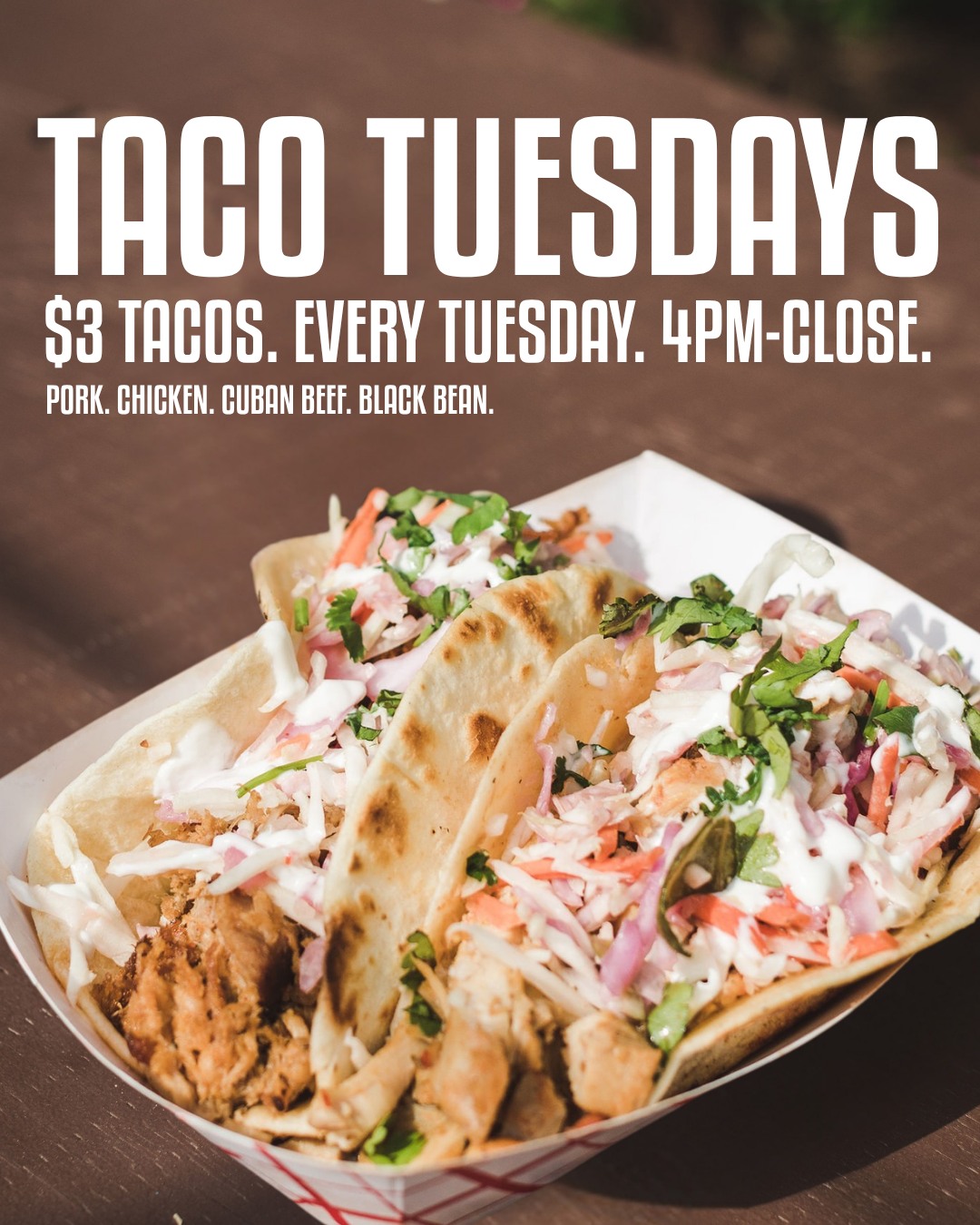 Scientists hate this one simple Tuesday trick ๐ฉโ๐ฌ๐
Introducing Taco Tuesdays at The Shack!
Every Tuesday from 4PM-close enjoy $3 tacos with your choice of:
๐ฎ Pork
๐ฎ Chicken
๐ฎ Cuban Beef
๐ฎ Black Bean
Cold crushes, great company, beach vibes, and enough tacos to suddenly make your week feel manageable again! ๐