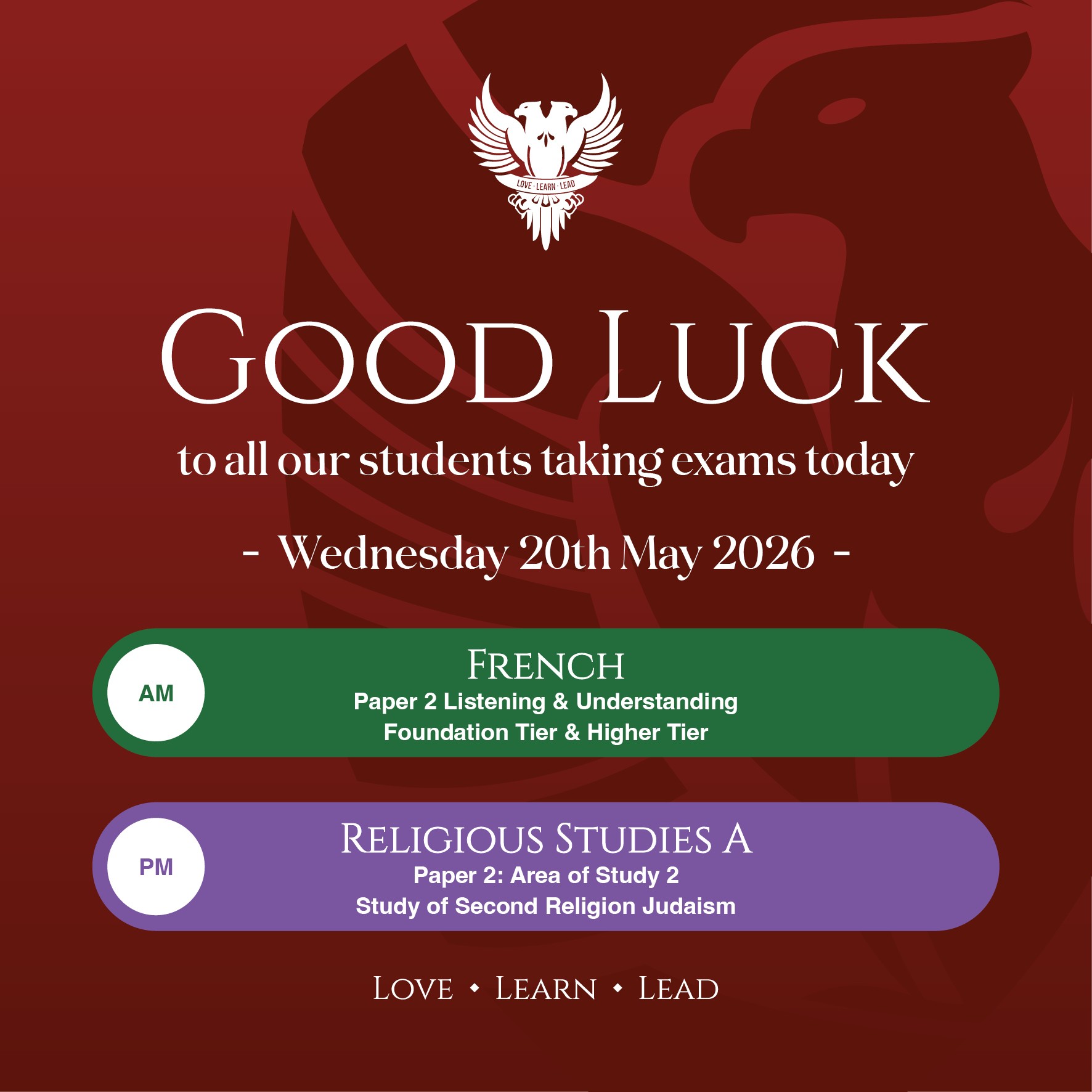 Good luck Year 11! Today's exams are French Listening and Understanding and RE Studies A.
#lovelearnlead #putstambrose1st #frenchlisteninggcse #religiousstudiesgcse