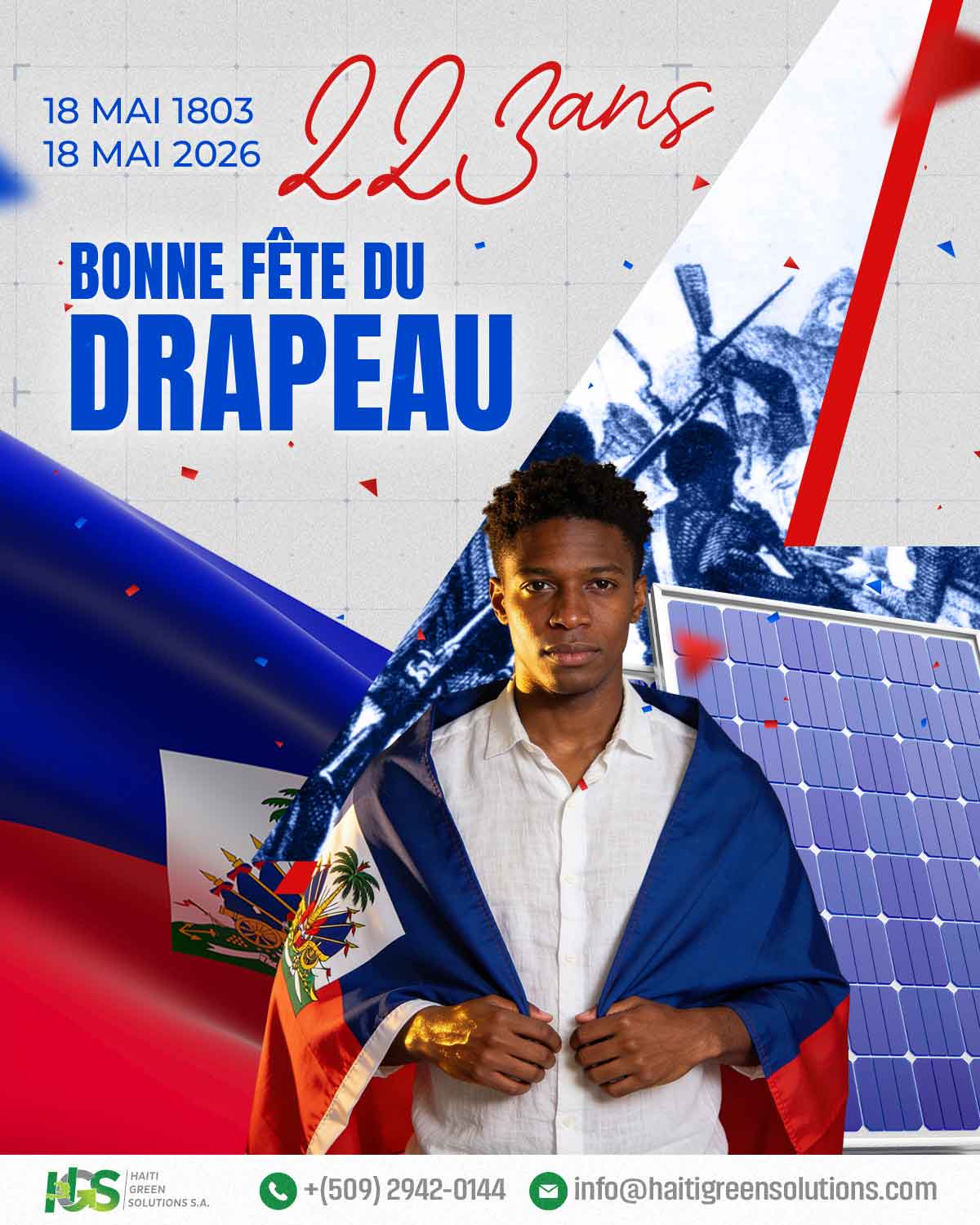 Drapo sa se senbòl kouraj ak fyète nou kòm pèp. Se 223 lane depi ble e wouj la rasanble nou 🇭🇹 🇭🇹 🇭🇹 🇭🇹
Jodi a ankò, nou dwe mete tèt nou ansanm pou nou toujou pi fò.
BÒN FÈT DRAPO ak tout Ayisyen 🇭🇹 🇭🇹 🇭🇹
#HaitianFlagDay #HGS #DEYE #solarpower #haitigreensolutions