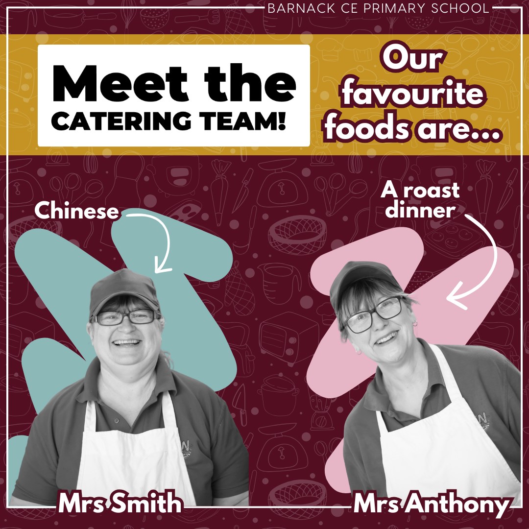 👩🍳 Meet our kitchen crew!
Today is National Caterers Appreciation Day and we are celebrating the team who keep our children fuelled with delicious and nutritious food each day.
With over 50 years of experience at Barnack between them, our team loves watching the children grow! They both shared how rewarding it is to watch shy Reception children transform into confident, thriving Year 6s—always working by the heartfelt motto: "It's nice to be nice."
A big THANK YOU! Our kitchen staff do so much more than cook; they bring energy, care, and kindness to our school every day.
Discover their personal favourite foods—and don't forget to save the second graphic for a tasty recipe to try at home this week! 🍝✨
.
.
.
#meettheteam #KitchenCrew #schooldinners #nationalcaterersday #CaterersAppreciationDay #SchoolCommunity #foodandnutrition
