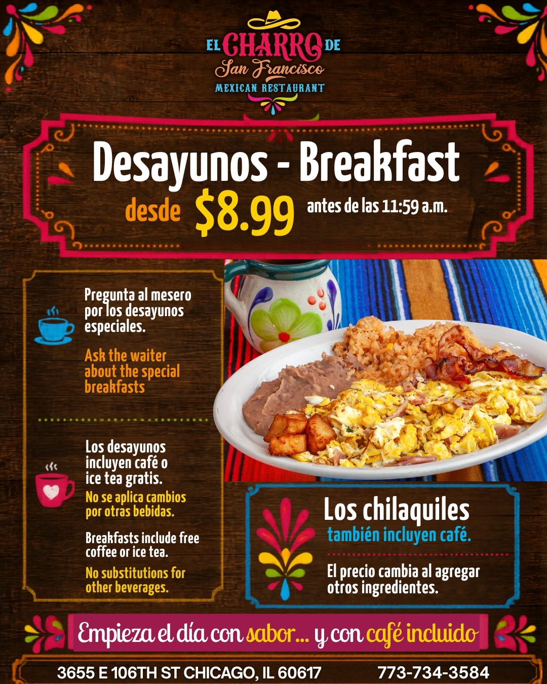 ¿No sabes qué desayunar hoy? 🤨 En El Charro de San Francisco te consentimos desde temprano con los desayunos más ricos y calientitos de Chicago. ¡Lo mejor de todo es que el café corre por nuestra cuenta! ☕😋
Visítanos: 📍3655 E 106th St, Chicago, IL 60617
Ordena: 📞 773 734 3584
#breakfastchicago #cafegratis #promo #chilaquiles #HuevoConJamon #cafe