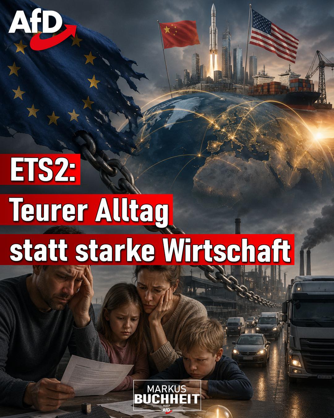 Das neue Emissionshandelssystem für Gebäude und Straßenverkehr (ETS2) ist ein weiteres Beispiel dafür, wie die EU die normalen Bürger bestraft und unsere industrielle Wettbewerbsfähigkeit untergräbt.
Höhere Energiepreise, mehr Bürokratie, mehr Druck auf Transport und Industrie – während der Rest der Welt seine Wirtschaft weiter stärkt.
Deutschland wurde stark durch Innovation und harte Arbeit – nicht durch ideologische Klimapolitik aus Brüssel.
Die AfD ist die einzige Partei in Deutschland, die klar auf der Seite unseres industriellen Potenzials steht.
Schluss mit dem grünen Agenda-Wahnsinn!
