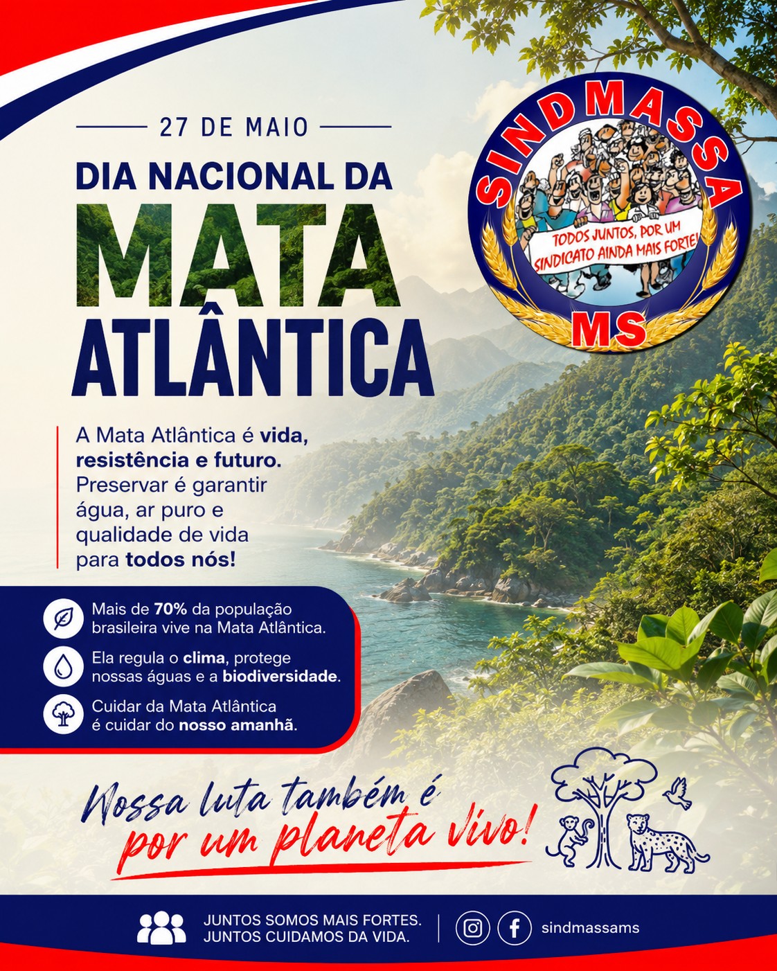 🌿💚 A Mata Atlântica é um patrimônio natural que precisa ser protegido todos os dias. Preservar esse bioma é garantir água, ar puro, biodiversidade e mais qualidade de vida para toda a população.
Neste Dia Nacional da Mata Atlântica, reforçamos a importância da conscientização e do compromisso coletivo com o meio ambiente. 🌎✨
Cuidar da natureza é cuidar do presente e construir um futuro melhor para as próximas gerações.
🌱 Nossa luta também é por um planeta vivo!
🤝 Juntos somos mais fortes. Juntos cuidamos da vida.
#DiaNacionalDaMataAtlântica #MataAtlântica #PreservaçãoAmbiental #Sustentabilidade #MeioAmbiente #SindmassaMS #Natureza #PlanetaVivo #ConscientizaçãoAmbiental
