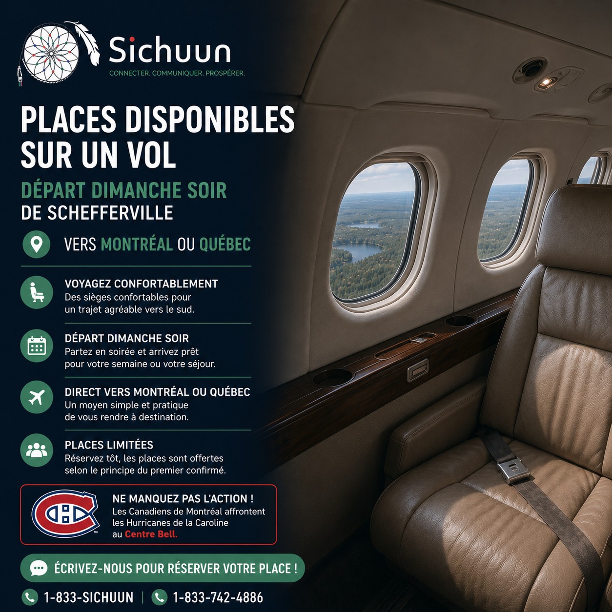 ✈️ Départ dimanche soir de Schefferville vers Montréal ou Québec.
Que ce soit pour retourner à la maison, profiter d’un séjour en ville ou assister au match des Canadiens de Montréal contre les Hurricanes de la Caroline au Centre Bell, c’est une façon pratique et agréable de voyager.
Écrivez-nous pour obtenir plus d’informations ou pour réserver votre place.