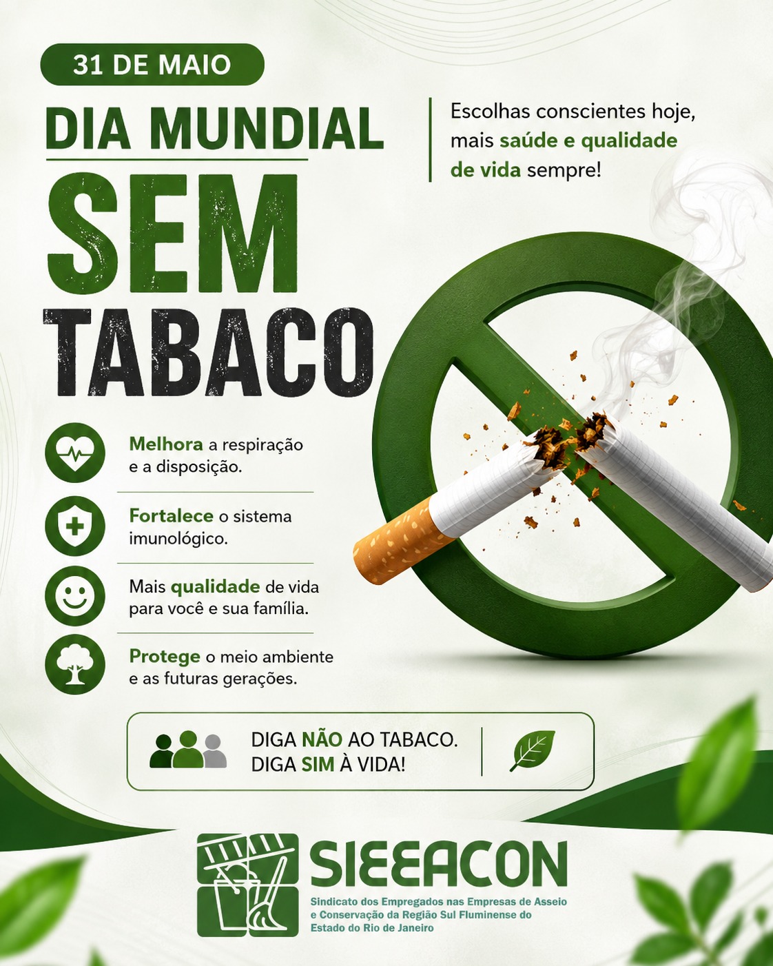 🚭 Sua saúde vale mais!
No Dia Mundial Sem Tabaco, lembramos que abandonar o cigarro é um passo importante para conquistar mais qualidade de vida, disposição e bem-estar. Cada escolha consciente feita hoje reflete em um futuro mais saudável para você, sua família e toda a sociedade. 💚
Dizer não ao tabaco é dizer sim à vida, à saúde e ao cuidado com o próximo. 🌿
#DiaMundialSemTabaco #Saúde #QualidadeDeVida #VidaSemTabaco #SIEEACON #Conscientização #SaúdeEmPrimeiroLugar #31demaio