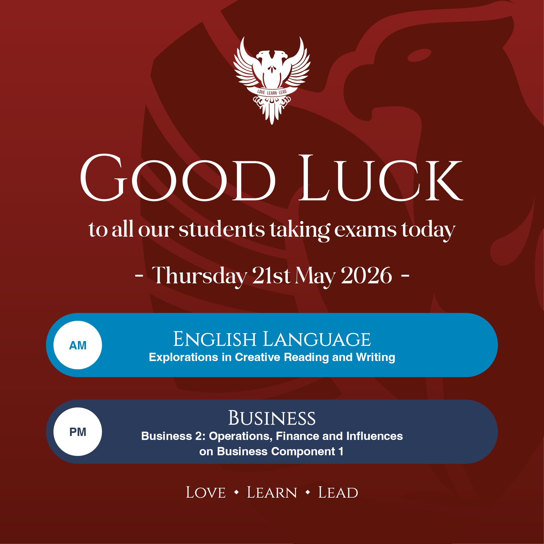 Good luck today Year 11! English Language and Business exams take place today.
#lovelearnlead #putstambrose1st #englishlanguagegcse #businessgcse
