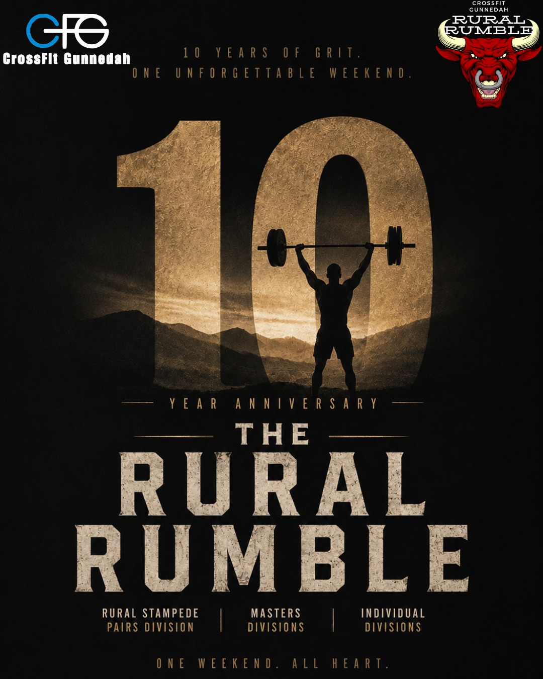 10 years.
10 years of chalk, sweat, friendships, PBs, heartbreaks, comebacks, first-timers, champions, and unforgettable weekends.
And this year… we’re going bigger than we ever have before.
For the first time ever, The Rural Rumble will bring together:
• Individual divisions
• Masters divisions
• Rural Stampede pairs
One massive weekend. One arena. One community.
This isn’t just another comp announcement.
This one means something to us.
So we want to know…
What’s your favourite Rural Rumble memory of the last 10 years?
Tag your training partner.
Tag someone you’ve battled beside.
Tag someone who needs to make the trip this year.
And if you’ve competed before… drop the year you first stepped onto the floor.
2026 is going to be legendary.
#crossfitcomp #crossfitcommunity #crossfitcompetition #crossfitaustralia