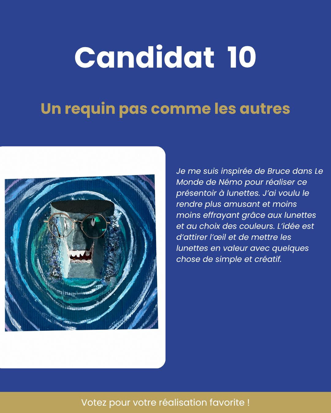 ✨ CHALLENGE MDS 2026 : les votes sont ouverts !
Un requin pas comme les autres
"Je me suis inspirée de Bruce dans Le Monde de Némo pour réaliser ce présentoir à lunettes. J’ai voulu le rendre plus amusant et moins moins effrayant grâce aux lunettes et au choix des couleurs. L’idée est d’attirer l’œil et de mettre les lunettes en valeur avec quelques chose de simple et créatif."
🎈🍬 Jusqu'au 1 juin, votez sur Facebook et Instagram pour votre réalisation préférée !
#challenge #merchandising #retail #formation #visualmerchandising