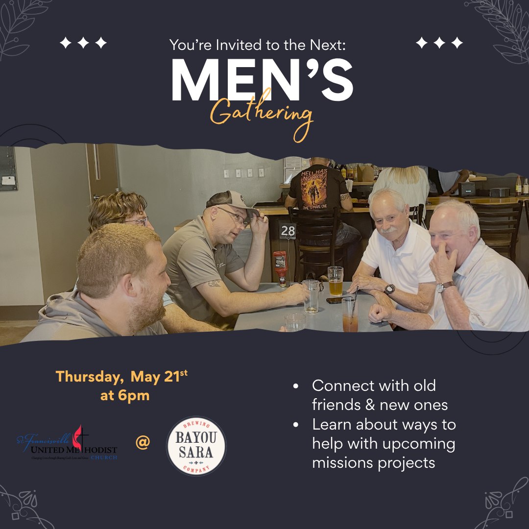 Our next men's ministry gathering is happening this Thursday @bayousarabrewing. Come grab a bite, connect with friends, and find out ways you can join us in mission and ministry!