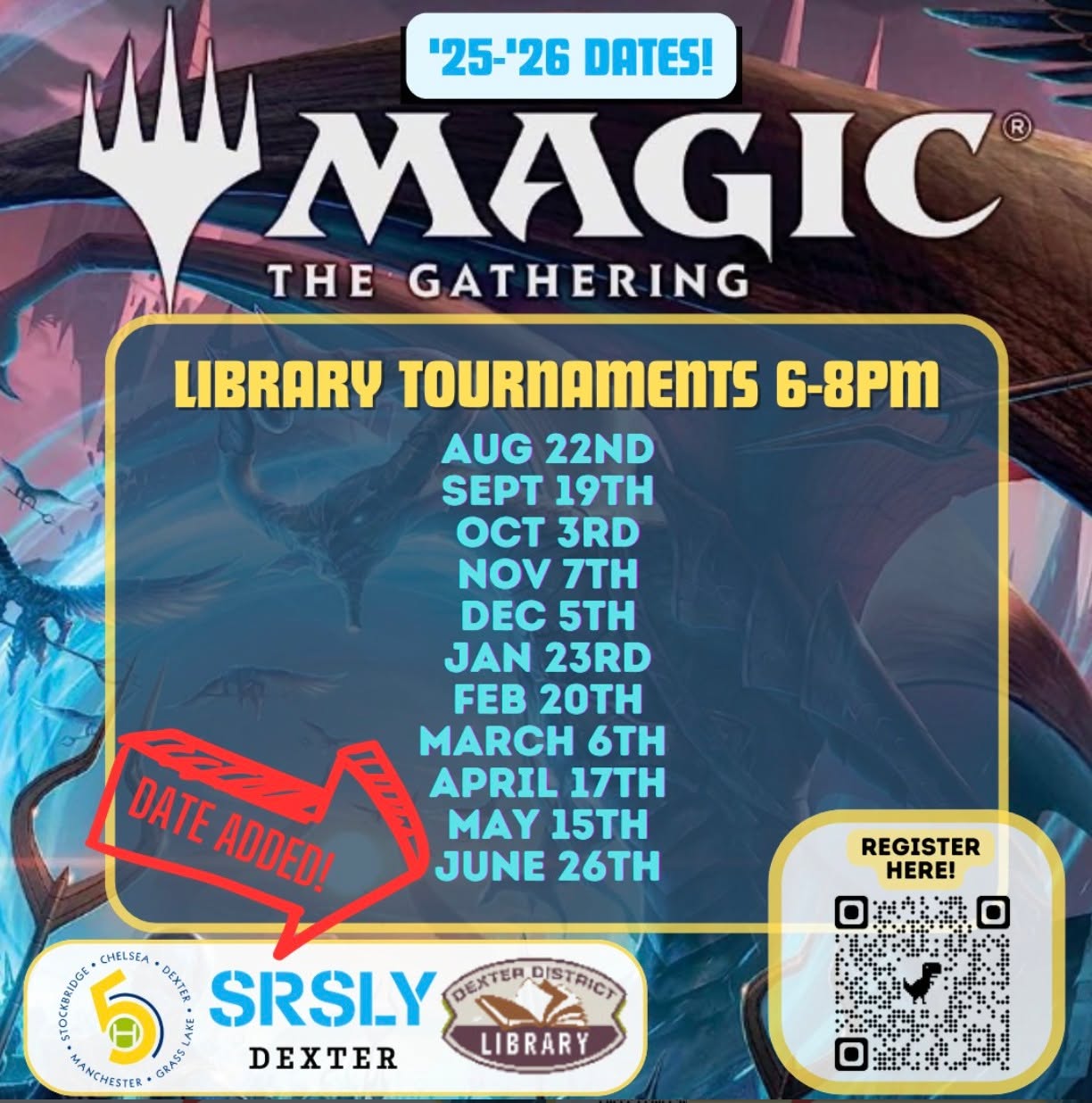 ๐งโโ๏ธ๐งโโ๏ธOne week until Magic: The Gathering ๐ฎ๐งโโ๏ธ๐งโโ๏ธ
Friday, June 26th
6:00 - 8:00 pm
Grades 5 - 12
Join us monthly for pizza and MTG tournament-style play on Friday evenings from 6:00 to 8:00 p.m. Prizes awarded to top players. Everyone in grades 5 through 12 with knowledge of game play and rules is invited to attend. Please bring a Commander deck to each session.
Registration link in bio!
Co-sponsored with @5healthyteens and @dexterdistrictlibrary