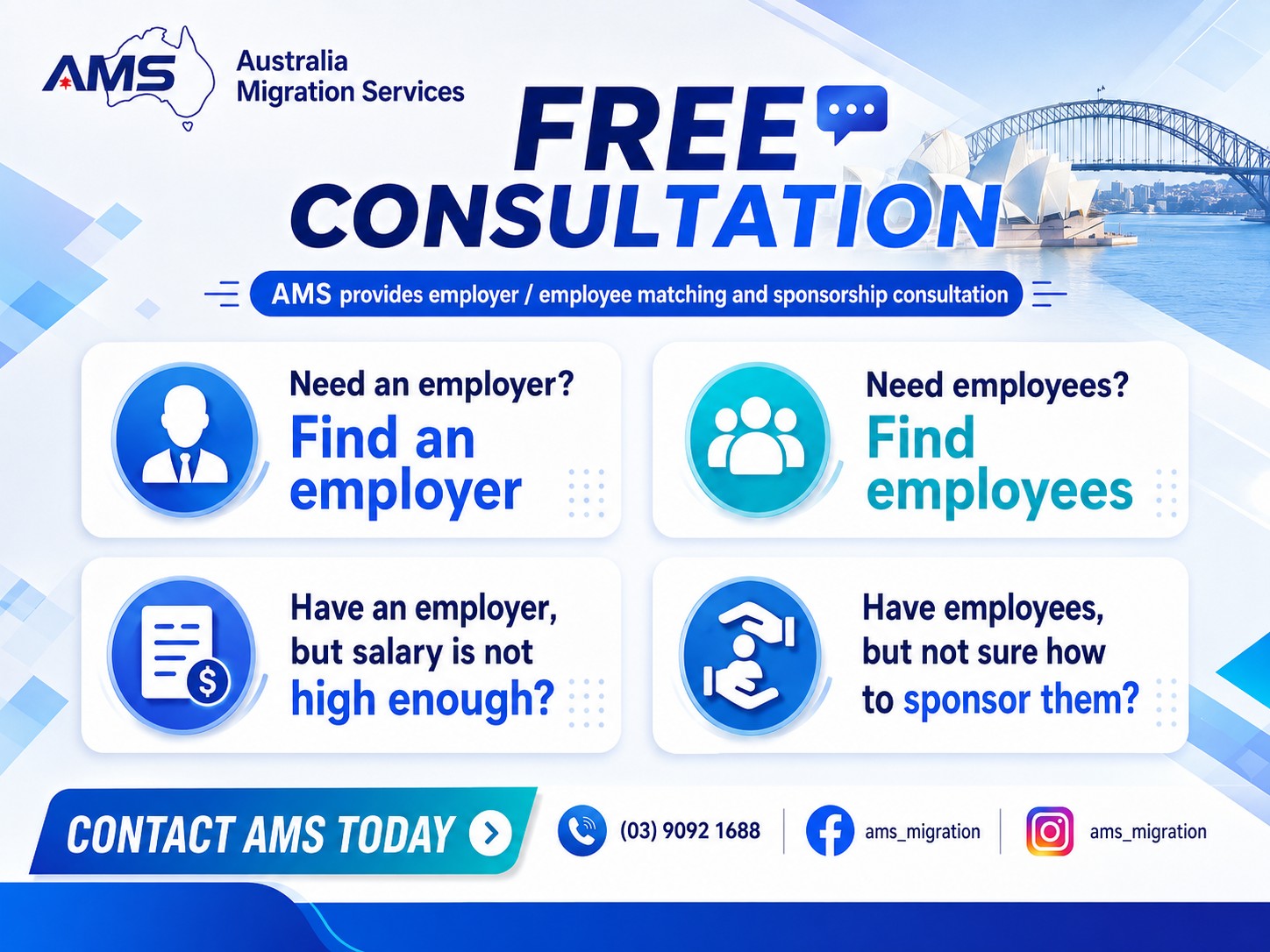 Employer Sponsorship Enquiries | Monthly Special Offer
Available for onshore applicants in Australia only
Thinking about employer sponsorship but not sure where to start?
Whether you need an employer, your salary does not meet the requirement, or your employer is unsure how to sponsor you, AMS can help you review your options.
Need an employer? Explore potential employer-matching opportunities.
Need employees? Connect with suitable candidates for your business.
Have an employer but salary is not high enough? Assess possible pathways.
Have employees but not sure how to sponsor them? Understand the sponsorship process.
Limited-time consultation offer this month
Contact AMS today for an initial assessment and tailored guidance. #AustraliaMigration #australiaimmigration #australiasmallbusiness #EmployerSponsorship