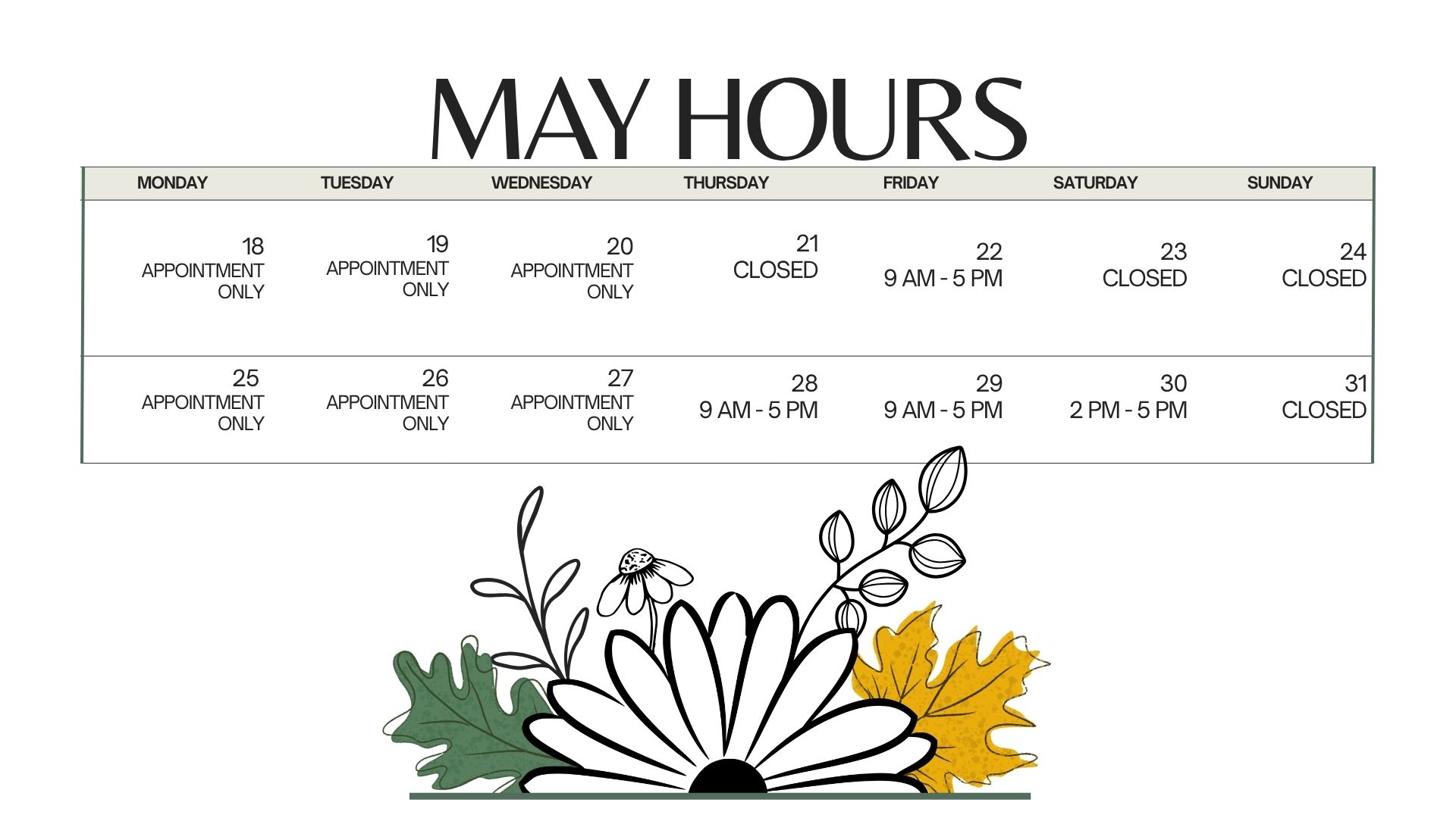 Our hours are a little weird this week as Sean wraps up school and Memorial Day weekend rolls around! ☀️📚
Here’s the schedule:
🌱 Mon-Wed: Appointment only***Keep reading to find out how awesome appointment only shopping is!
🌱 Friday: OPEN 9–5
🌱 Saturday: Hudson Farmers Market 8am-12pm! The nursery will be closed.
🌱 Sunday: Closed
Next week we’ll be back in the swing of things with more regular hours! Thanks for rolling with our small-business schedule! 💚
***How does appointment only shopping work? Just email or call us to schedule a time to come out to shop. You can order ahead and we will have your plants ready for you when you arrive. Feel free to shop more when you get here!