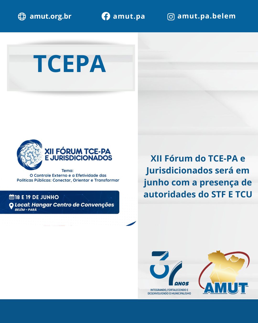 #AMUTINFORMA
Nos dias 18 e 19 de junho, a capital paraense sediará discussões sobre o futuro da gestão pública e do controle externo na Amazônia durante o XII Fórum TCE-PA e Jurisdicionados. O evento, promovido pelo Tribunal de Contas do Estado do Pará (TCE-PA), ocorrerá no Hangar - Centro de Convenções e Feiras da Amazônia.
Com o tema "O Controle Externo e a Efetividade das Políticas Públicas: Conectar, Orientar e Transformar", o Fórum reunirá ministros, conselheiros e especialistas para debater o papel dos tribunais como indutores de políticas públicas em benefício da sociedade. O objetivo é consolidar um espaço de reflexão, conexão e troca de experiências.
Saiba mais aqui: https://www.amut.org.br/post/xii-fórum-do-tce-pa-e-jurisdicionados-será-em-junho-com-a-presença-de-autoridades-do-stf-e-tcu