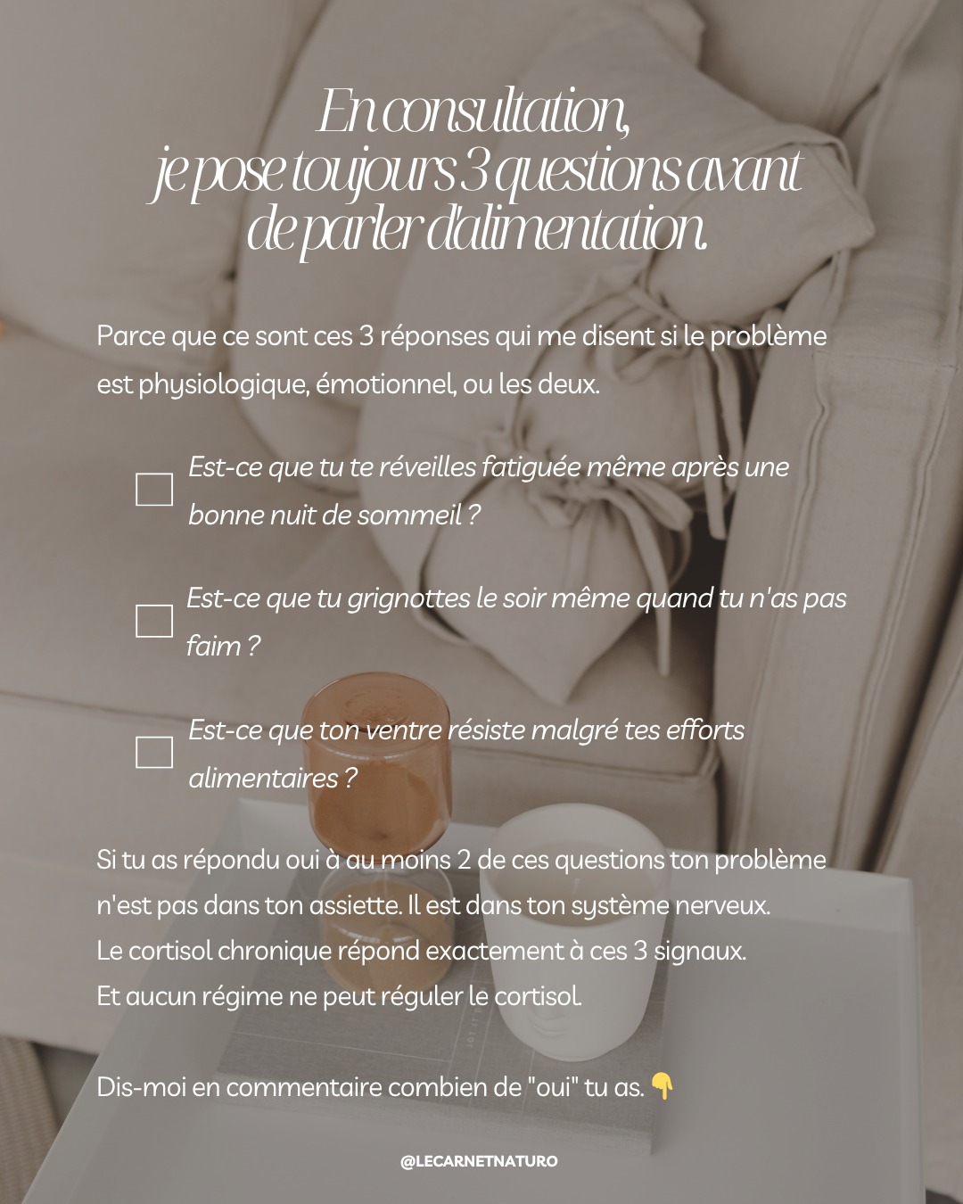 3 questions que je pose à chaque consultation. Et 3 "oui" qui changent tout. 🌿
Dis-moi ton score en commentaire 👇
#systemenerveux #cortisol #naturopathie #hypnose #methodeSNR #minceur #femmede40ans #pertedepoids #grignotage #sommeil