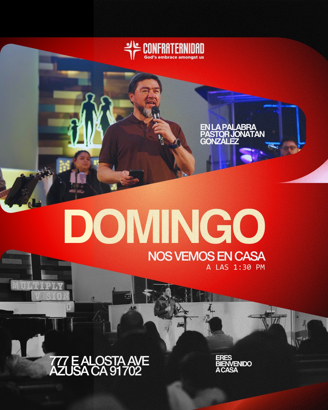 Te extendemos una cordial invitación a nuestro servicio dominical en Confraternidad.
Nos reuniremos como congregación para un tiempo dedicado a la edificación y la búsqueda de la dirección de Dios. En esta ocasión, contaremos con la exposición y enseñanza de la Palabra a cargo del Pastor Jonatan González.
A continuación, los detalles de nuestra reunión:
🗓️ Día: Este Domingo
⏰ Hora: 1:30 PM
📖 En la Palabra: Pastor Jonatan González
📍 Ubicación: 777 E Alosta Ave, Azusa, CA 91702
Eres bienvenido a casa. Acompáñanos junto a tu familia para seguir equipándonos y creciendo juntos en la fe.
#Confraternidad #ServicioDominical #IglesiaEvangélica #AzusaCA #IglesiaEnAzusa #PalabraDeDios #ComunidadCristiana #CrecimientoEspiritual #EstudioBíblico