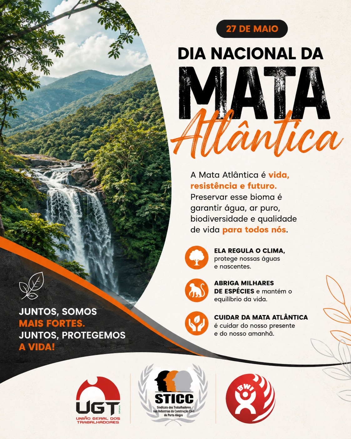 🌿💚 A Mata Atlântica é um dos maiores patrimônios naturais do nosso país fonte de vida, biodiversidade e equilíbrio para o planeta.
Neste Dia Nacional da Mata Atlântica, reforçamos a importância da preservação ambiental e da conscientização coletiva para proteger nossas florestas, rios, nascentes e espécies. 🌎✨
Cuidar da natureza é cuidar do presente e garantir um futuro melhor para as próximas gerações. 🌱
🤝 Juntos, somos mais fortes. Juntos, protegemos a vida!
#DiaNacionalDaMataAtlântica #MataAtlântica #PreservaçãoAmbiental #Sustentabilidade #MeioAmbiente #Conscientização #STICC #UGT #ForçaSindical #protejaanatureza