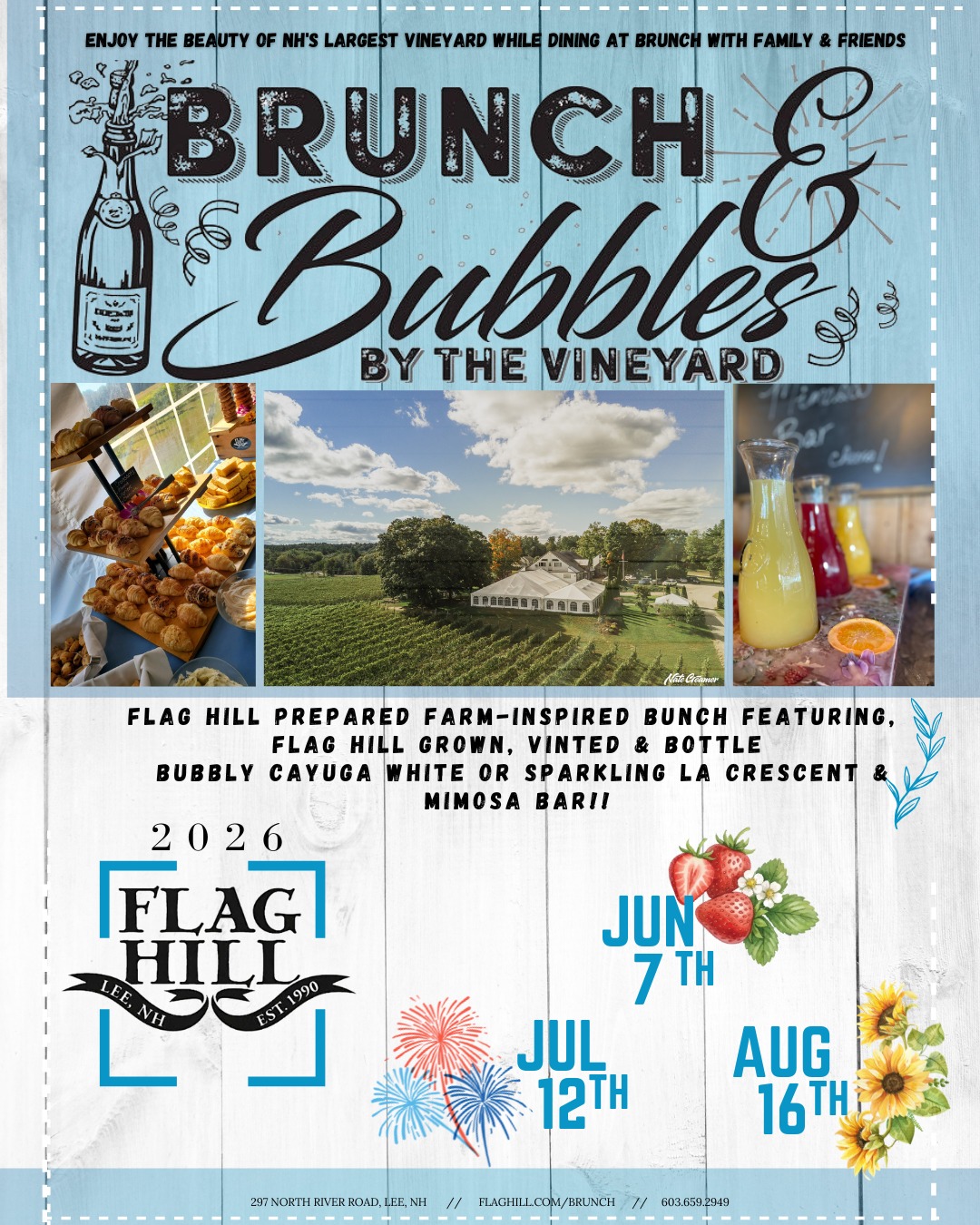 Join us on June 7th from 11-2pm for our Month Brunch & Bubbles! Featuring our Bottomless Mimosas Vineyard side, and our delicious fresh made food selections by our in house chef!
For Tickets and Reservations visit: www.flaghill.com/upcoming