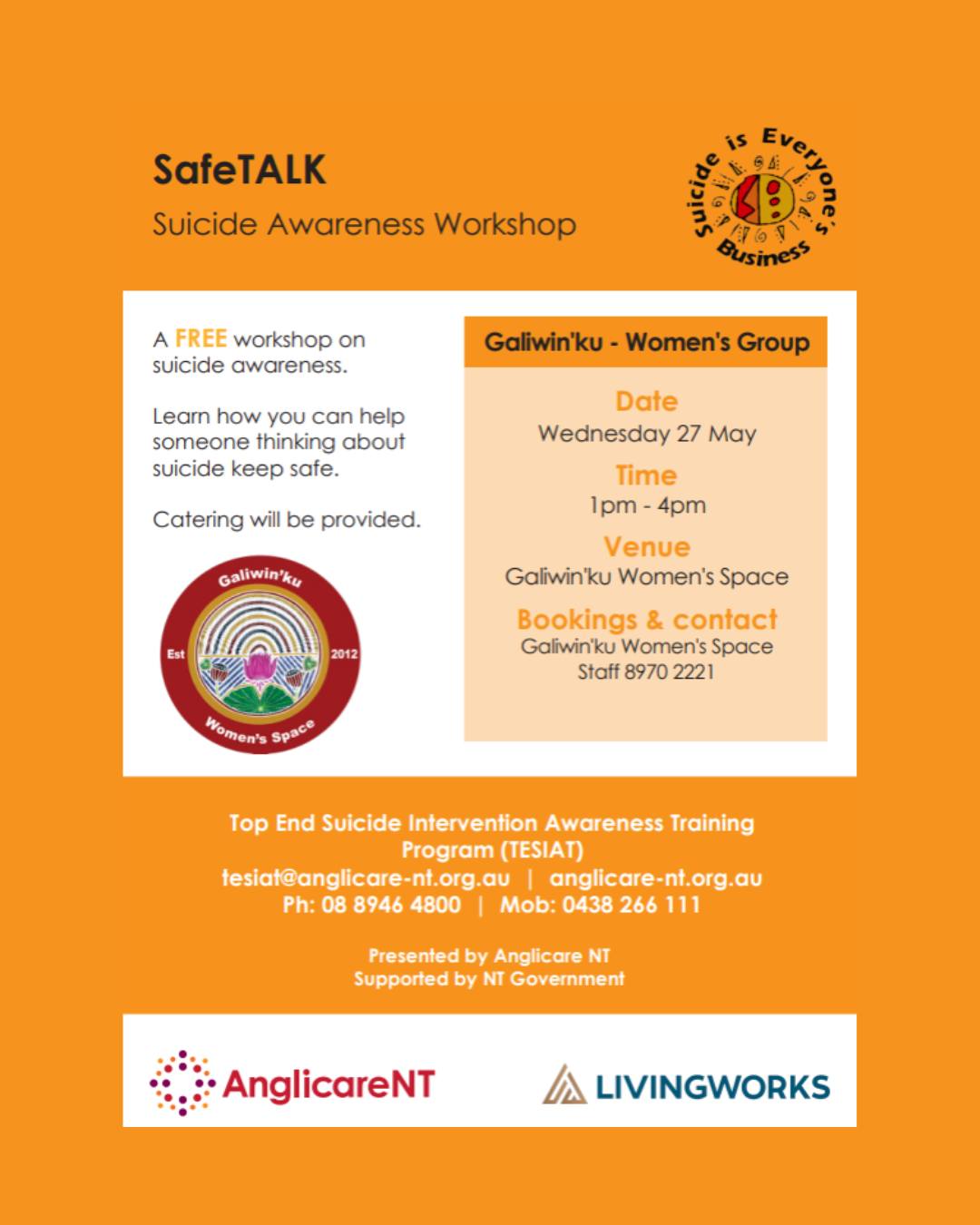 💛 SafeTalk Suicide Awareness Training next Wednesday and Thursday 💛
📍Women's Sessions at GWS Community Space
Wednesday 27 May 1pm - 4pm
📍Men's session at Library
Thursday 28 May 9.30am - 12.30pm
Catering provided.
Thank you to AnglicareNT and NTGov for making this possible.
Learn how to recognise when someone may be thinking about suicide and how to support them to stay safe. SafeTalk helps build confidence to have important conversations, respond with care, and connect people to the support they need.
We know this topic can be incredibly difficult, especially for individuals, families and communities who have experienced the loss of loved ones to suicide. This training creates a safe and supportive space to learn together, strengthen community connections, and help reduce the silence and stigma around suicide.
By building understanding, compassion and early intervention skills within our community, we can better support one another and encourage people to seek help before reaching crisis point. 💛