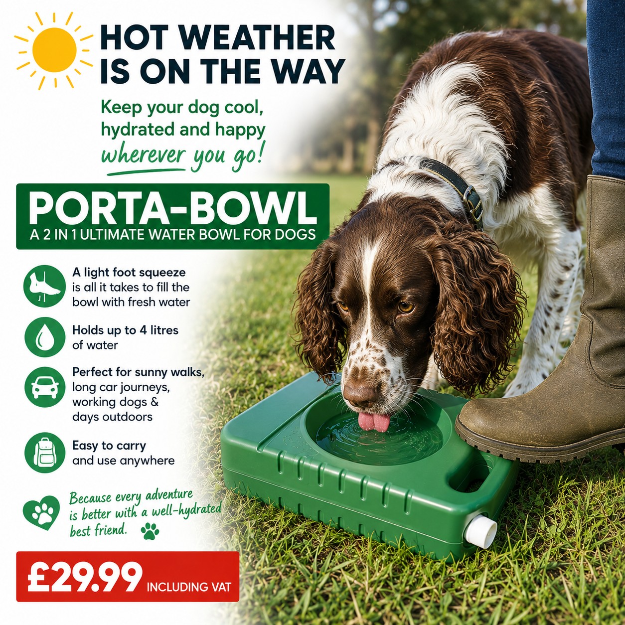 With highs of 33°C forecast in some parts of the UK this weekend make sure you keep your best friend hydrated 🐶💦
https://www.gameandcountry.co.uk/product-page/porta-bowl
#DogLovers #DogWalking #WorkingDogs #PetHydration #SummerDogs #DogAccessories #PortableDogBowl #PORTABOWL