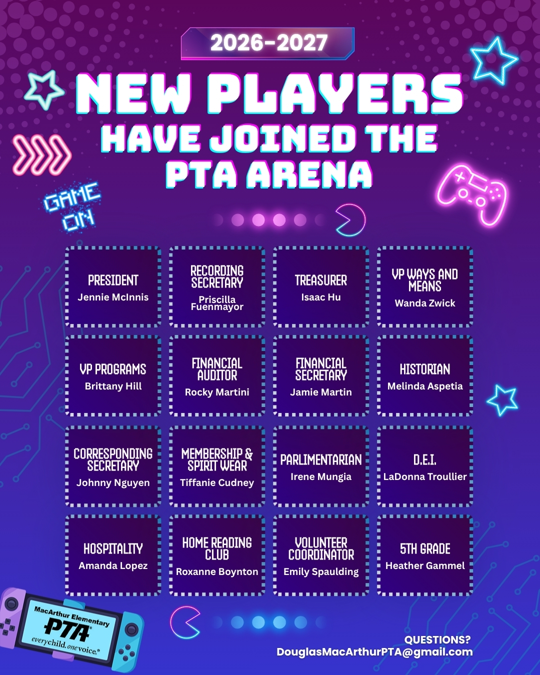 New players. New quests. Same Eagle spirit: Your PTA Board 2026โ27!
Please help us give a HUGE welcome to the incredible team helping lead MacArthur PTA for the 2026โ27 school year ๐
๐ President โ Jennie McInnis
๐จ VP Programs โ Brittany Hill
๐ฐ VP Ways & Means โ Wanda Zwick
๐ต Treasurer โ Isaac Hu
๐ Financial Secretary โ Jamie Martin
๐ Recording Secretary โ Priscilla Fuenmayor
๐ฌ Corresponding Secretary โ Johnny Nguyen
๐ Parliamentarian โ Irene Mungia
๐ Auditor โ Rocky Martini
๐ธ Historian โ Melinda Aspetia
๐ณ Membership Chair โ Tiffanie Cudney
๐ Hospitality Chair โ Amanda Lopez
๐ Volunteer Coordinator โ Emily Spaulding
๐ Home Reading Club Chair โ Roxanne Boynton
๐ DEI Chair โ LaDonna Troullier
๐ 5th Grade Chair โ Heather Gammel
This squad helps bring our events, programs, celebrations, and community moments to life โ and weโre excited for all the memories ahead.
Letโs make 2026โ27 unforgettable.
#GameOnMacArthur #MacArthurPTA #PTABoard #SchoolCommunity #EaglePride #MacArthurElementary #FamilyEngagement #PTALeadership