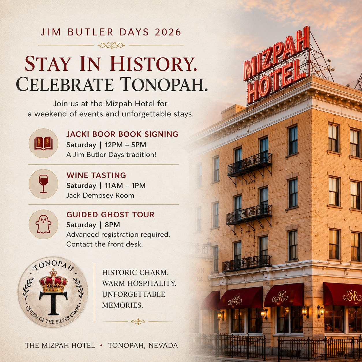 🎉 Jim Butler Days 2026 are here — and there’s no better place to experience the celebration than the historic Mizpah Hotel. ✨
Join us in the heart of Tonopah for a weekend filled with history, entertainment, and unforgettable events:
📚 Saturday | 12PM–5PM
Meet author Jacki Boor for a special book signing at the Mizpah Hotel — a longtime Jim Butler Days tradition and one of her favorite stops each year.
🍷 Saturday | 11AM–1PM
Wine Tasting in the Jack Dempsey Room
Sip, relax, and enjoy timeless Mizpah charm.
👻 Saturday | 8PM
Guided Ghost Tour
Explore the legendary history of the Mizpah after dark. Advanced registration required — contact the front desk to reserve your spot.
Make it a full weekend getaway with a stay at the Mizpah Hotel and experience Jim Butler Days surrounded by historic elegance, lively events, dining, and Tonopah adventure.
📍 Book your stay now before rooms fill up!
#JimButlerDays #MizpahHotel #TonopahNevada #TravelNevada #HistoricHotels #GhostTour #NevadaEvents #WineTasting #RoadTripNevada #TonopahEvents