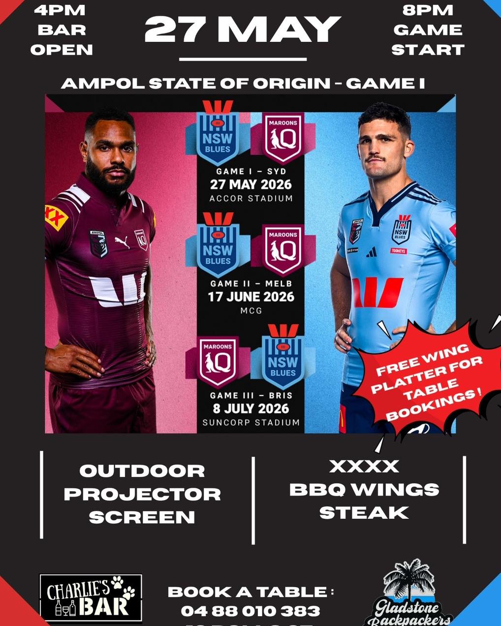 This Wednesday at the Gladstone Backpackers !
Big screen , big plates of wings and big emotions for the State Of Origin Game I !!
Book a table for yourself and your mates and get a free bbq wings platter 🐔🐔
Bookings or enquiries : 04 88 010 383
See you there !
#gladstonebackpackers #stateoforigin