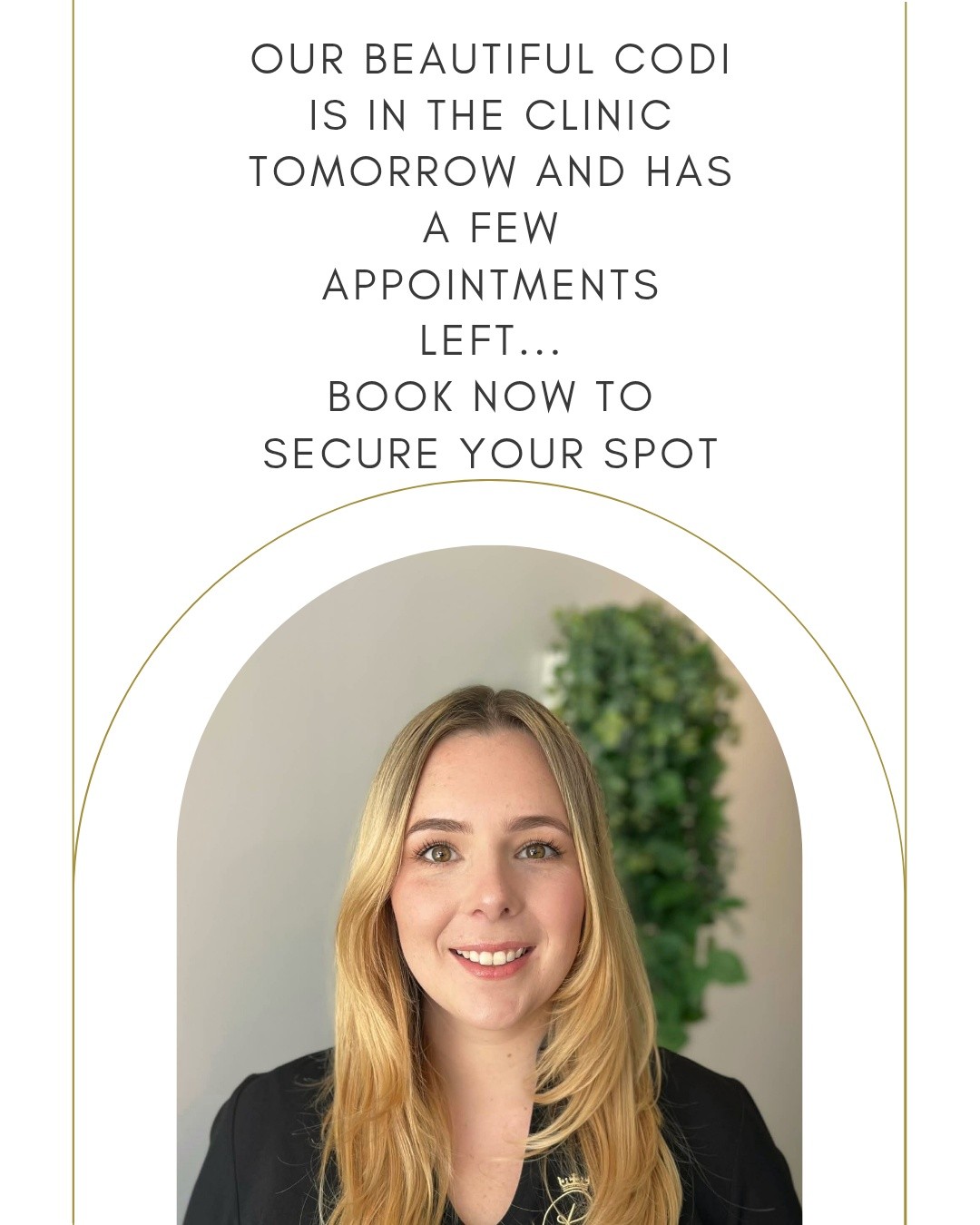 Codi is in the clinic tomorrow (Monday) and has a few spots left. Hurry book now! 💛