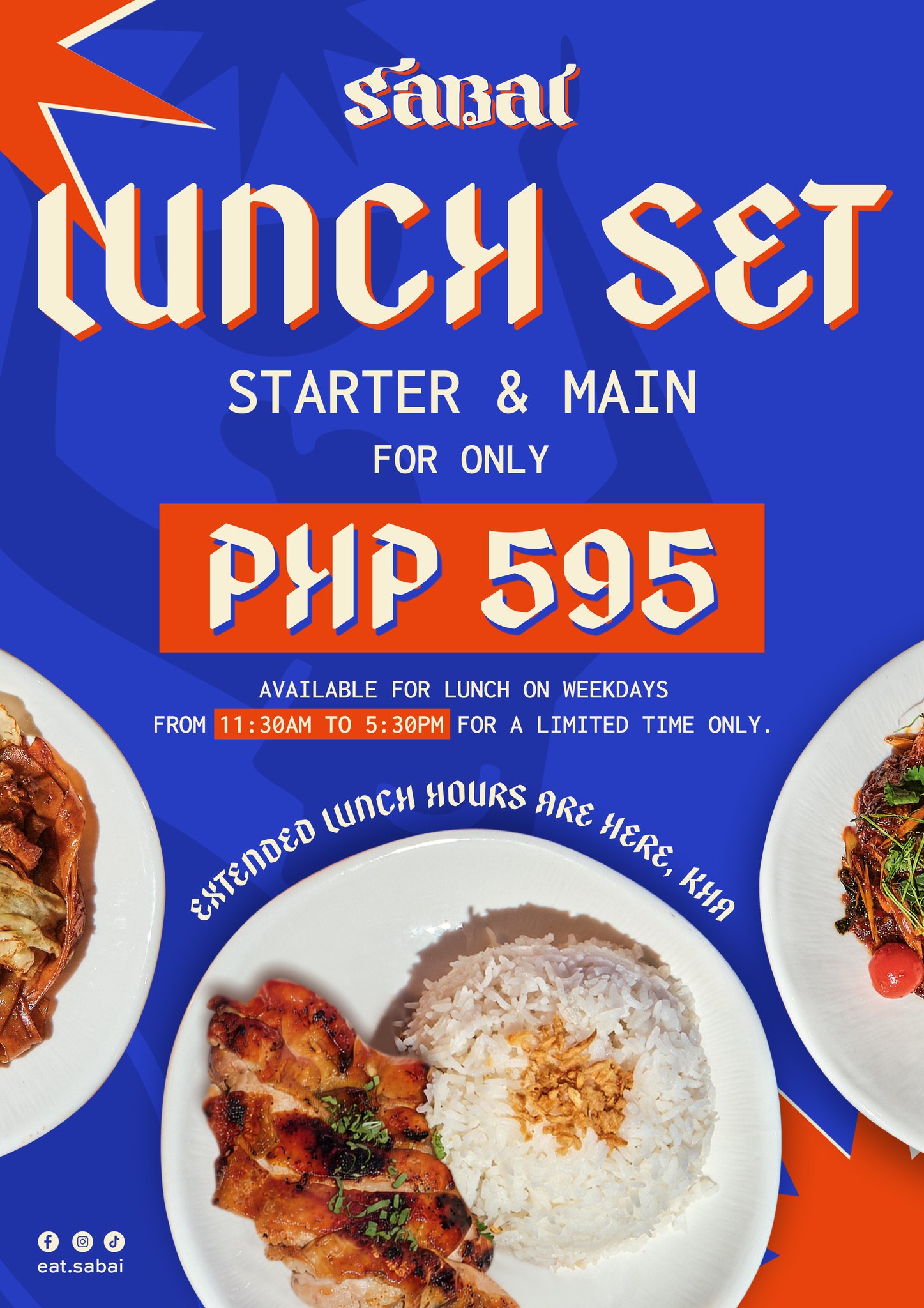 You asked, we listened. 💙
Our Lunch Set hours have officially been extended so you can enjoy your Sabai midday favorites a little longer.
Still ₱595 per person
Starter + main
Available weekdays only (11:30 AM- 5:30 PM) for a limited time only
📍 Sabai | G/F Shangri-La The Fort, BGC
📲 Reserve your table via DM or link in bio
#sabai #SabaiManila #NewMenu #lunchset #bgc