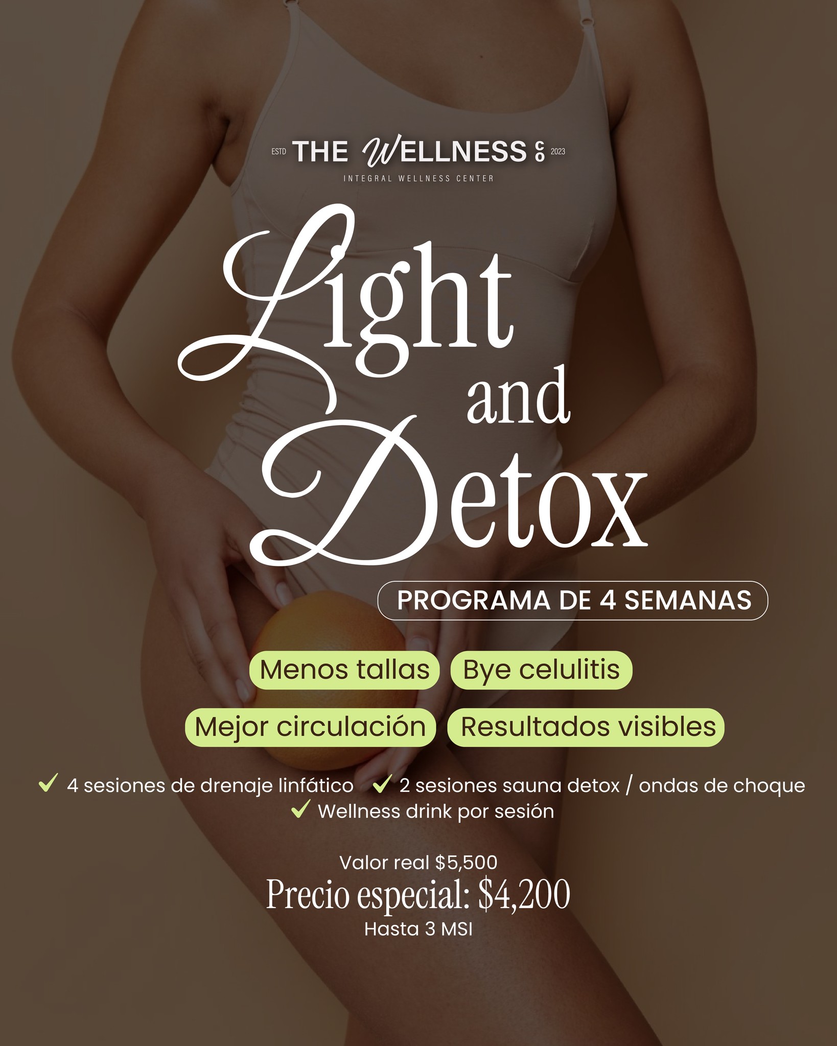 Tu cuerpo también necesita un reset ✨🫧
Light & Detox Program fue diseñado para ayudarte a desinflamar, mejorar circulación y trabajar zonas con celulitis y retención de líquidos con tecnología especializada y drenaje linfático profesional 🤍
4 semanas enfocadas en sentirte más ligera, más segura y verte increíble ✨
Resultados visibles desde las primeras sesiones 💫
Tecnología de vanguardia + experiencia wellness.
Precio especial $4,200 MXN
Hasta 3 meses sin intereses 💳
Agenda tu valoración y envíanos mensaje para más información 📲✨