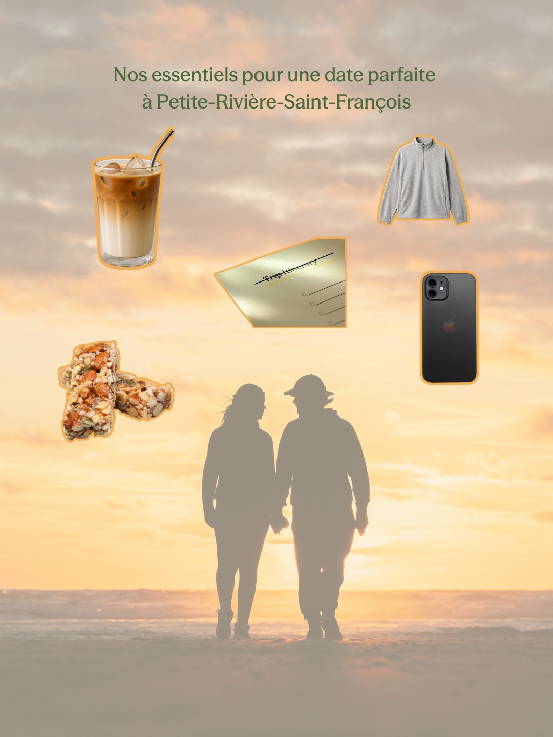 Nos essentiels pour une date parfaite à Petite-Rivière-Saint-François 💚
🧤 Un chandail chaud (parce qu’on reste dehors plus longtemps que prévu)
☕ Un café ou un chocolat chaud pour les pauses qui s’étirent, signé domaine à Ligori.
🌿 Une marche en nature, sans itinéraire précis
📸 Un téléphone pour capturer les petits moments… ou les garder juste pour nous
🧀 Une petite collation à partager, dénichée à l’Épicerie du village
🌅 Un moment suspendu pour admirer le paysage en silence, perchés au sommet du mont Button
Simple. Doux. Et parfait comme ça!