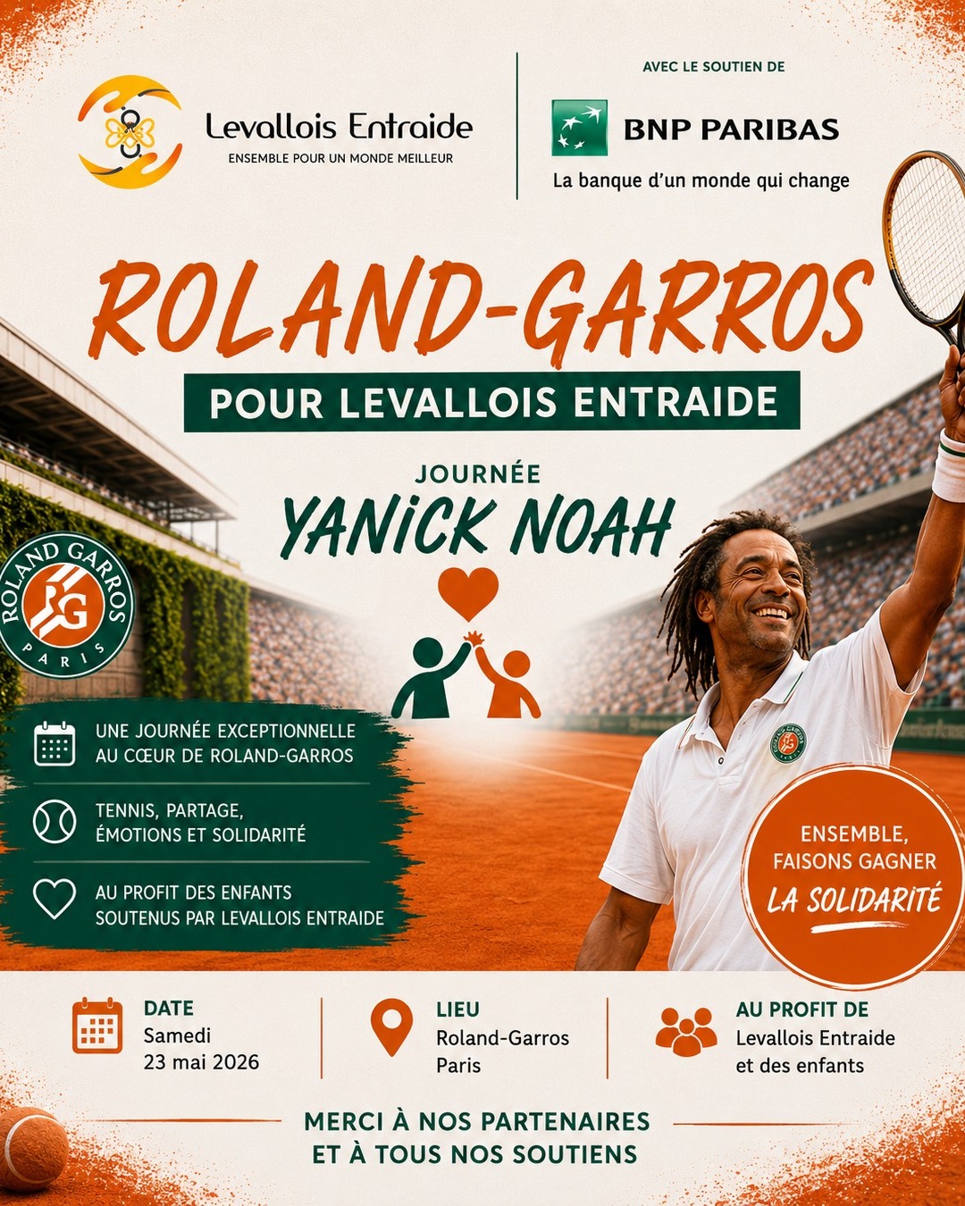 🎾 Retour sur une journée exceptionnelle à Roland-Garros ❤️
Ce samedi 23 mai 2026, Levallois Entraide a eu la chance de vivre une journée inoubliable dans l’univers mythique de Roland-Garros, autour de la Journée Yannick Noah.
Des sourires, du partage, des émotions… et surtout des moments précieux offerts aux enfants et aux parents. 🙏
Au-delà du tennis, cette journée a rappelé une chose essentielle :
la solidarité crée des souvenirs qui marquent une vie.
Un immense merci à la @fondationbnpp qui nous a offert cette chance pour la 3 éme année. 🧡
Merci également à toutes les personnes présentes, aux bénévoles, partenaires et soutiens qui rendent ce type d’action possible chaque année.
Parce qu’ensemble, nous pouvons offrir bien plus qu’un événement :
de l’espoir, de la joie et des instants inoubliables.
#RolandGarros #YannickNoah #LevalloisEntraide #Solidarite #Association #Tennis #Enfants #Paris #Levallois #BNPParibas #SportSolidaire #Engagement #levaloisentraide