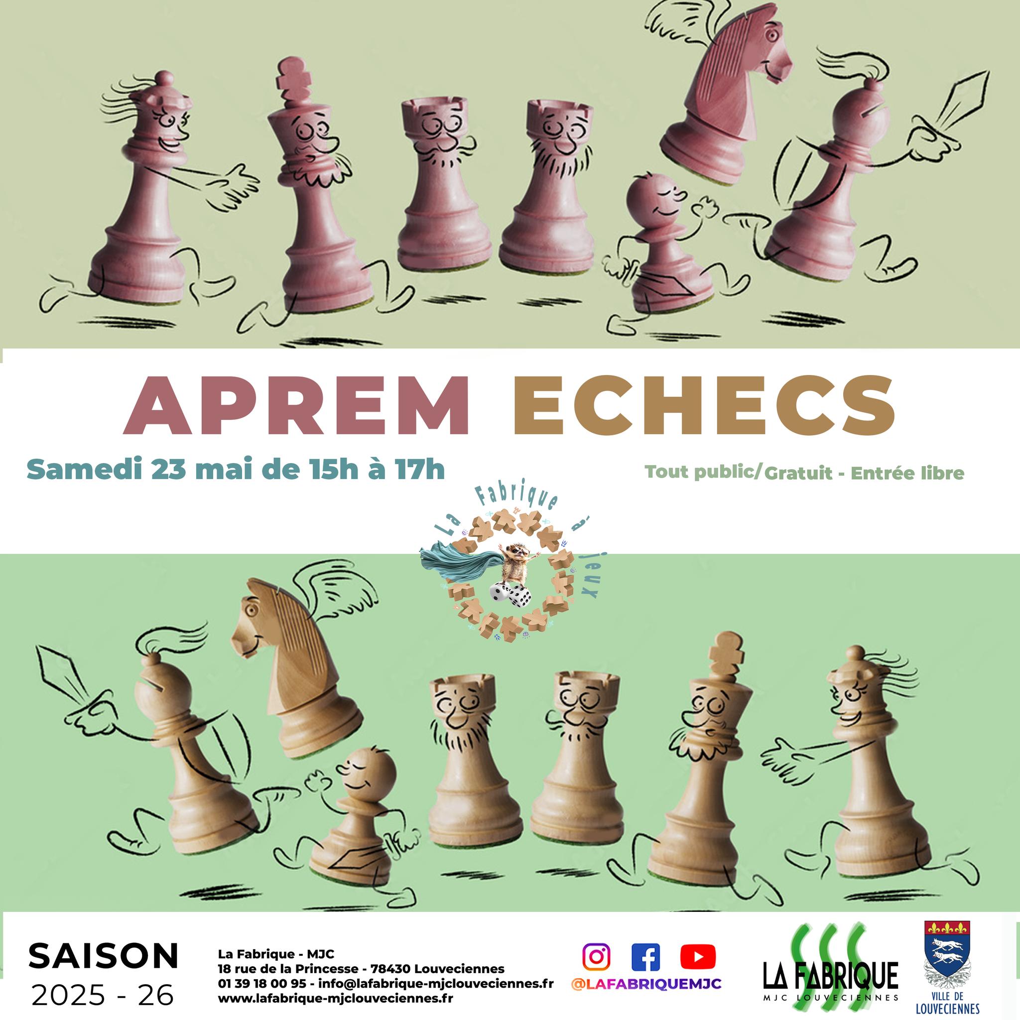 ♟️APREM ÉCHECS♟️
Samedi 23 mai, de 15h à 17h
Pour s’initier au jeu d’échecs, affronter librement de nouveaux adversaires ou s’entraîner sur des défis stratégiques !
Et pourquoi pas créer le club d’échecs de la MJC ?!
Tout public
Gratuit - Entrée libre