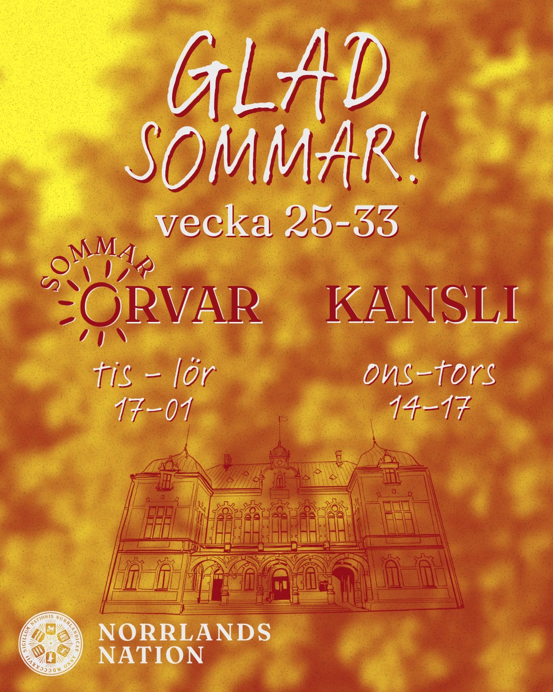 ☀️ Glad sommar! ☀️
Med start nästa vecka (måndag 8 juni) stänger nationen delar av verksamheten för sommaren (Majs café, biblioteket, våra studieplatser och onsdagsklubben öppnar alltså upp igen till höstterminen). Orvars krog håller öppet som vanligt hela vecka 24.
Vecka 25 (onsdag 17 juni och torsdag 18 juni) öppnar sommarverksamheten och håller öppet hela sommaren fram till vecka 33, med undantag för midsommarhelgen då nationen håller helt stängt. Under vecka 25 håller kansliet öppet vanliga sommartider och Orvars krogs smygpremiär håller öppet ons 17 juni -tor 18 juni 17-01. Orvars krog är stängt mån 15 juni -tis 16 juni.
För resten av sommarveckorna (vecka 26-33) gäller följande öppettider:
☀️ Öppettider för kansliet:
Ons-tors: 14-17
☀️ Öppettider för SommarOrvar:
Tis-lör: 17-01
För att inte missa sommarens event på SommarOrvar, följ @orvarskrog på Instagram.
Ha en fin sommar - vi ses på SommarOrvar!
ID och nationskort krävs för SommarOrvar.
___
☀️ Finally it's summer! ☀️
Starting next week (Monday, 8/6), we close parts of our ordinary opening hours for the summer (Majs café, the library, our study places, and Hexagon will thus reopen in the fall semester). Orvars krog is open as usual during week 24.
During week 25 (Wednesday 17/6 and Thursday 18/6) we open for the summer. This means that only SommarOrvar and the reception (kansli) will be open up until week 33, with the exception of the midsummer weekend when the nation is completely closed. The openings hours for week 25 is as follows: the reception (kansli) according to the summer opening hours, and SommarOrvar's early premiere Wed-Thu 17-01. Orvars krog is closed Mon 15/6 - Tue 16/6.
For the rest of the summer (week 26-33), the following opening hours apply:
☀️ Opening hours for the reception (kansli):
Wed-Thu: 14-17
☀️ Opening hours for SommarOrvar:
Tue-Sat: 17-01
Don't miss any of the events during SommarOrvar! Follow @orvarskrog at Instagram.
Have a great summer - see you at SommarOrvar!
Please note that ID and nation card are required for SommarOrvar.