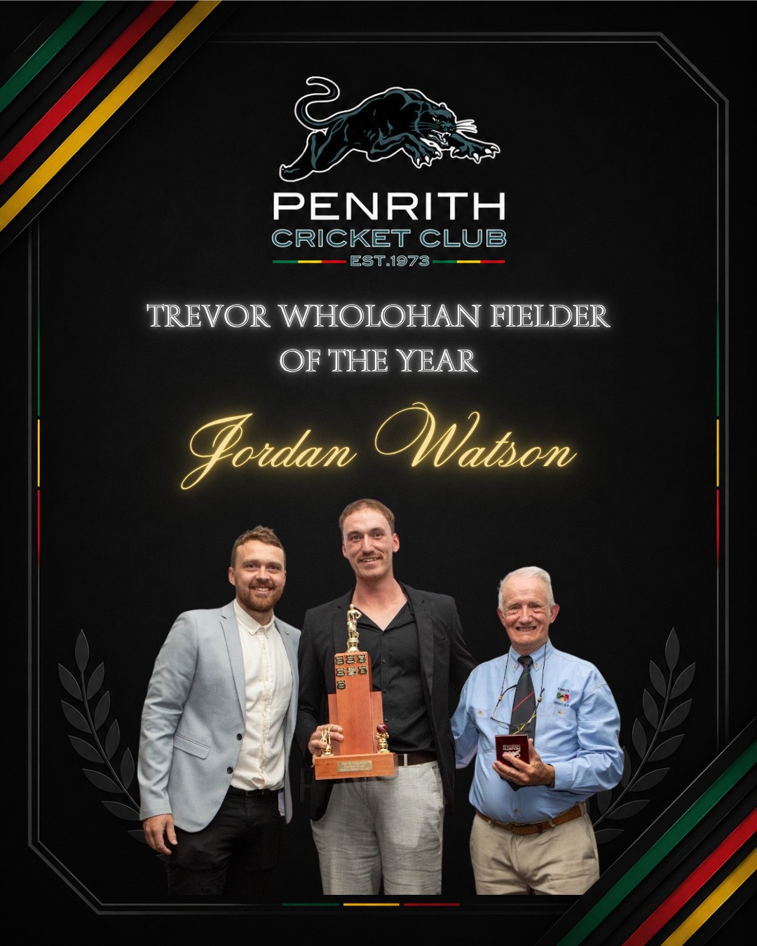 Congratulations to Jordan Watson on receiving the Trevor Wholohan Fielder of the Year, extending these congratulations to Adam Bayliss, who was awarded the E & W Cammack Outstanding All-Rounder award.
Both awards were presented by Maurice Kerkham and current First Grade Captain, Ryan Gibson.
#LTC #PenrithCricketClub