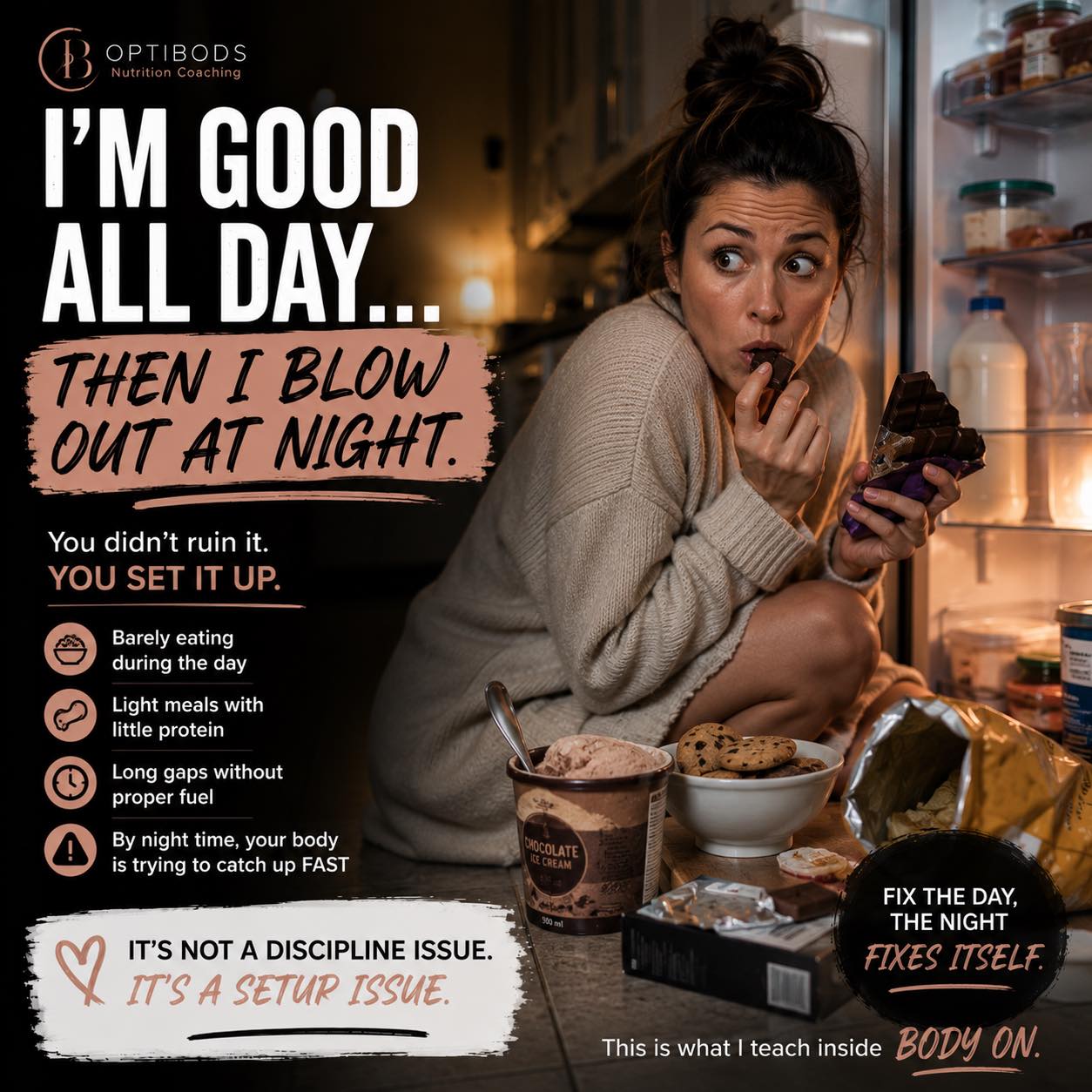 “I’m good all day… then I blow out at night.”
I hear this all the time.
And every time, women think they’ve failed.
You haven’t.
You’ve just set your day up in a way that was always going to end like that.
If your day looks like:
coffee… maybe something small… picking here and there… trying to be “good”…
By the time night hits, your body is done being patient.
It wants energy, and it wants it fast.
That’s when it feels out of control.
It’s not discipline.
It’s not willpower.
It’s a setup issue.
Fix the day… and the night fixes itself.
This is one of the biggest shifts I see when women go through Body On — they stop blaming themselves and start understanding what’s actually going on