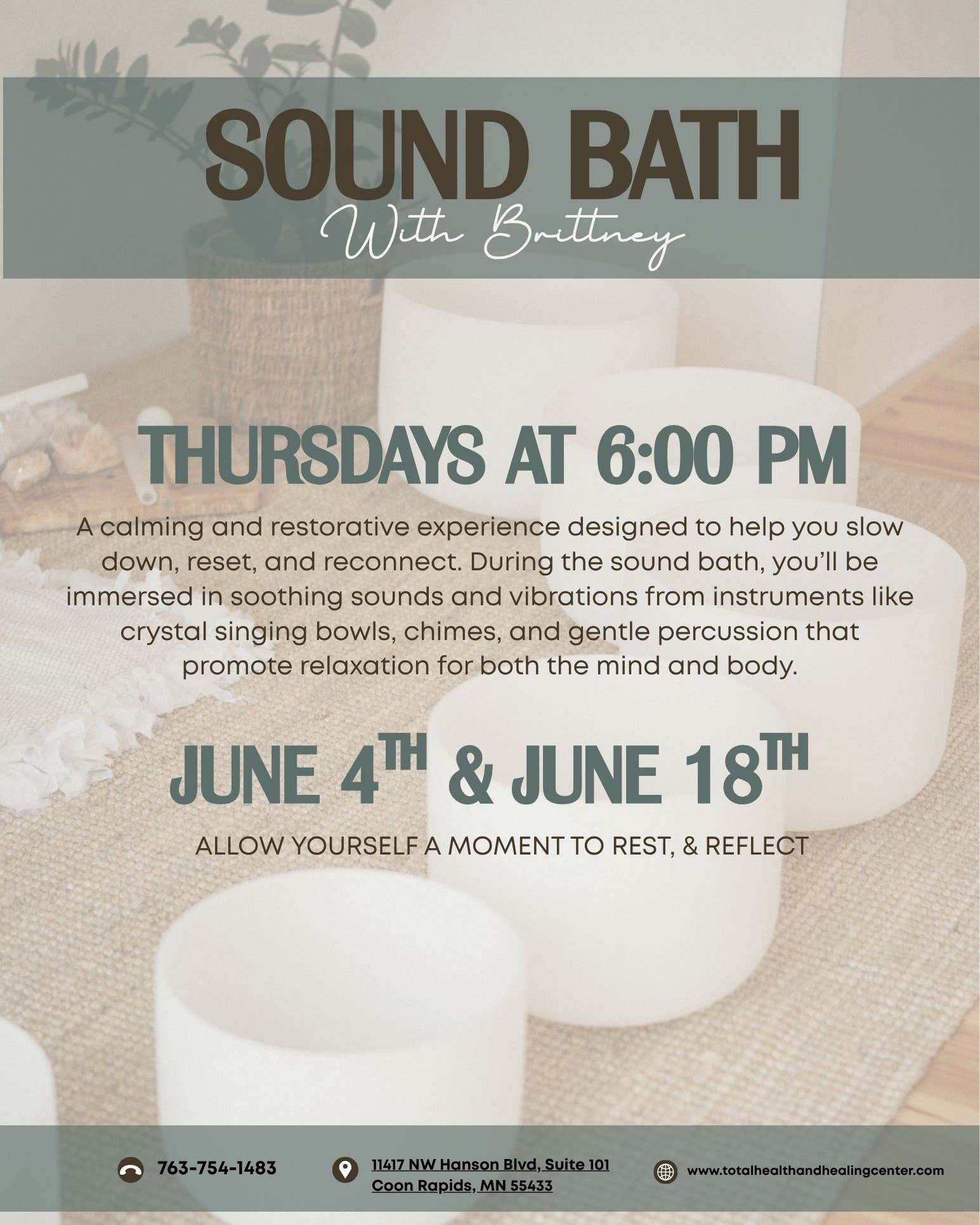 Sound Bath - 60 minutes:
This is a deeply restorative 60-minute sound healing experience designed to calm the nervous system, quiet the mind, and bring you back to center. Using crystal singing bowls, chimes, and grounding frequencies, this class invites you into a meditative state where the body can soften, release, and restore. This experience is gentle and accessible, no prior experience needed. Simply come as you are, get comfortable, and allow yourself to receive.
Perfect for anyone seeking stress relief, nervous system support, or a moment to slow down and reconnect to self.
What to bring: Yoga mat, blanket, pillow, water, and anything else that helps you feel cozy and supported.