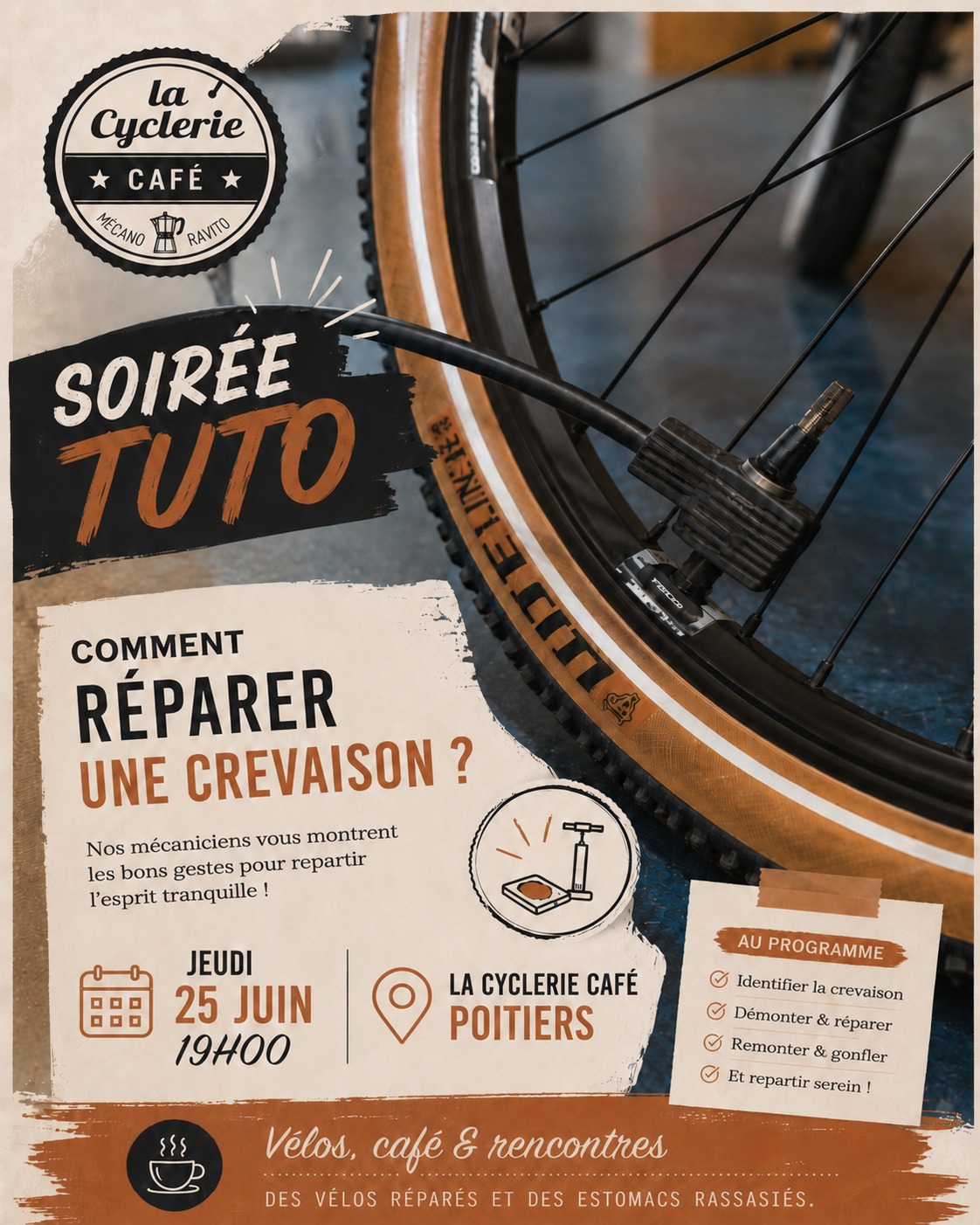 Une crevaison peut arriver à tout le monde 🚴
Lors de cette soirée tuto, apprenez les gestes essentiels pour réparer rapidement votre vélo et reprendre la route sereinement.
📌60 Bis Bd Pont Achard, 86000 Poitiers
📞 05 49 88 13 25
#ateliervelo #crevaison #velo #poitiers #lacycleriecafe #reparationvelo