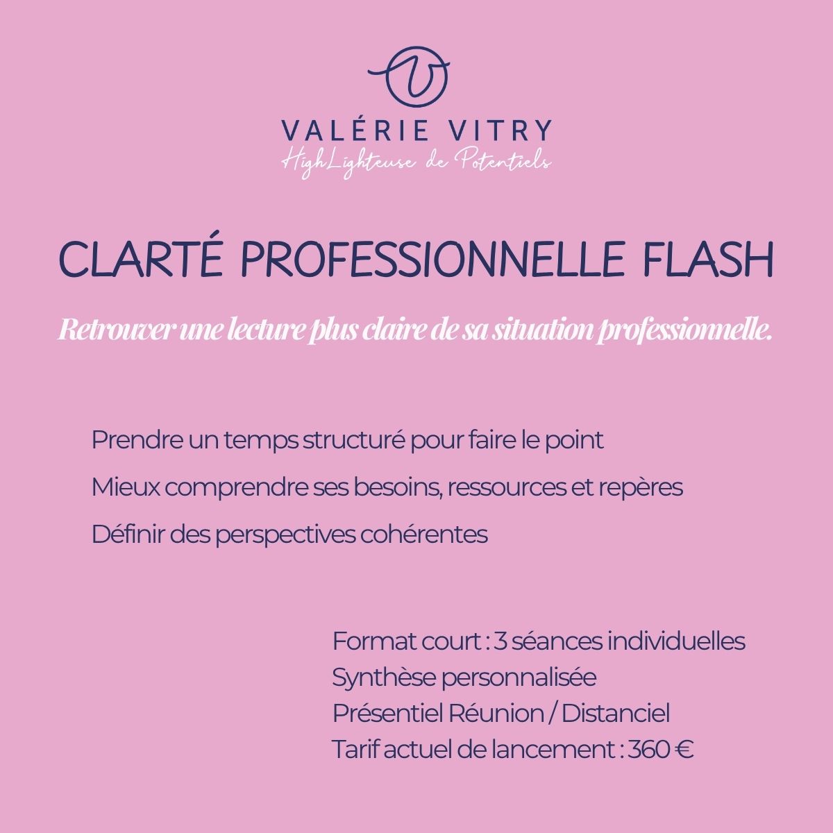 Il arrive parfois qu’un besoin de faire le point s’invite dans la vie professionnelle.
Pas nécessairement une crise.
Pas forcément une envie de tout changer.
Plutôt le besoin de prendre du recul, remettre de la cohérence dans ses réflexions, mieux comprendre ses besoins, ses ressources… et retrouver une direction plus lisible pour la suite.
C’est autour de ce besoin que j’ai créé Clarté Professionnelle Flash.
Un accompagnement individuel court, structuré et personnalisé.
✔ 3 séances individuelles
✔ présentiel Réunion / distanciel
✔ échange préalable gratuit et sans engagement
Je joins quelques informations en visuel pour celles et ceux que le sujet pourrait concerner.
#clariteprofessionnelle #transitionprofessionnelle #coachingprofessionnel #bilanprofessionnel #reconversionprofessionnelle