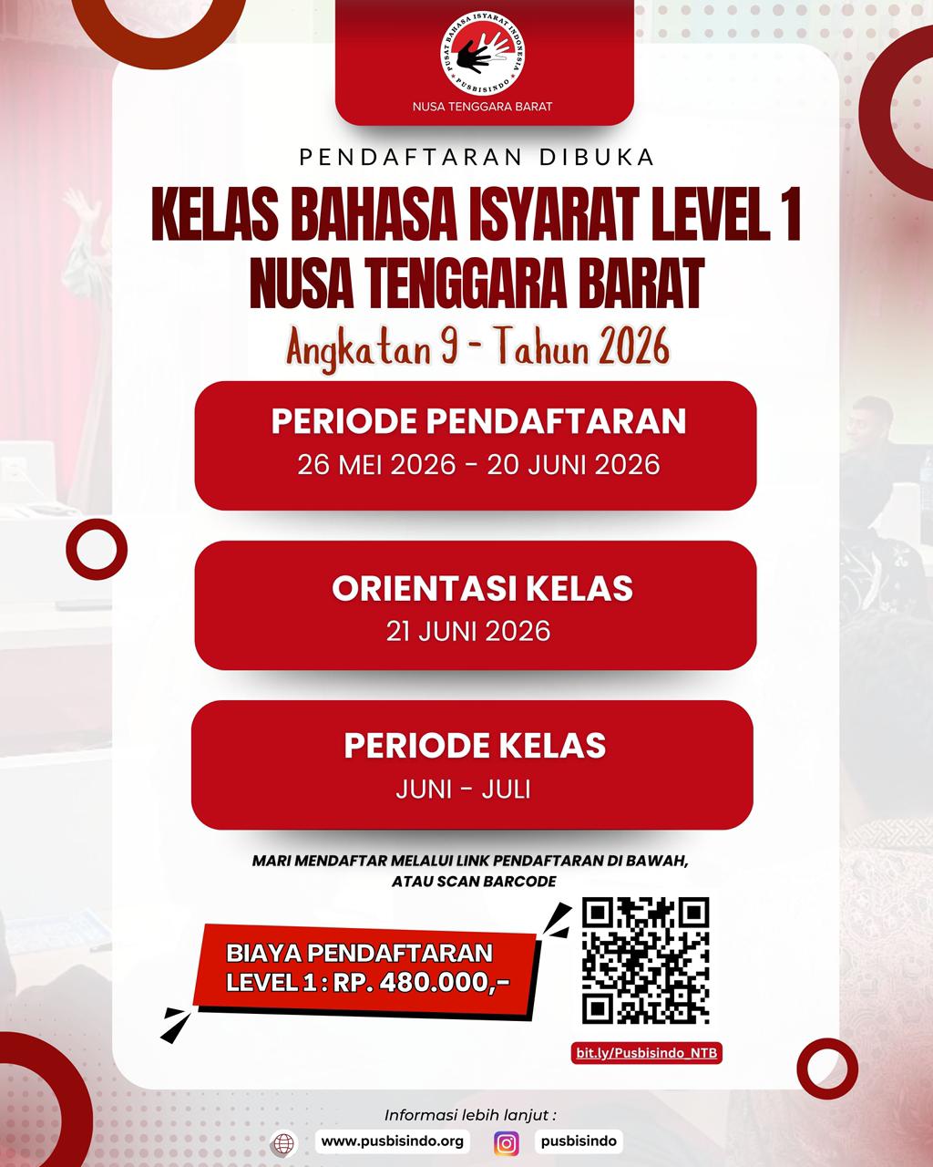 Halo semuanya!Pendaftaran Kelas Reguler Bahasa Isyarat Indonesia (Bisindo) Level 1 Angkatan 9 Tahun 2026 dari Pusbisindo Nusa Tenggara Barat telah dibuka! π₯³
Kami membuka kelas online untuk wilayah Nusa Tenggara Barat.
Yuk, rasakan serunya belajar Bahasa Isyarat Indonesia (Bisindo) langsung bersama guru Tuli yang berpengalaman!
Kesempatan untuk memahami dan belajar berkomunikasi menggunakan bahasa isyarat bersama komunitas Tuli β¨
π Fasilitas & Pembelajaran:
* Diajarkan langsung oleh guru Tuli berpengalaman
* Pilihan sesi jadwal kelas menyesuaikan kuota
* Materi pembelajaran berupa video
* Durasi 2 jam setiap pertemuan
* Total 11x pertemuan (termasuk ujian akhir)
* Sertifikat kelulusan
π° Biaya Pendaftaran Kelas Online:
Level 1 : Rp480.000,-
ποΈ Periode Pendaftaran:
26 Mei β 20 Juni 2026
(Pendaftaran dapat ditutup lebih awal apabila kuota telah terpenuhi)
β οΈ KUOTA TERBATAS & TERBUKA UNTUK UMUM
π Link Pendaftaran:
https://bit.ly/Pusbisindo_NTB
π© Informasi lebih lanjut:
WhatsApp (chat only): +62 878-6304-1144
Email: pusbisindo.ntb@gmail.com
Jangan sampai kelewatan ya β¨
Mari belajar Bahasa Isyarat Indonesia (Bisindo) bersama guru Tuli dan Pusbisindo NTB agar dapat berkomunikasi lebih inklusif bersama komunitas Tuli π€
#pusbisindo #kelasbahasaisyarat #pusbisindontb #bisindo #bahasaisyaratindonesia