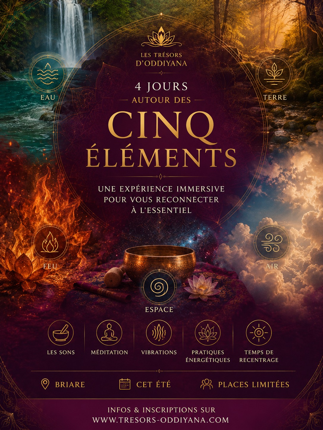 Et si vous vous accordiez enfin quelques jours pour ralentir et revenir à l’essentiel ?
Après la semaine “Sagesses Vivantes du Tibet”, beaucoup d’entre vous nous ont parlé du même besoin :
respirer,
retrouver du calme,
se reconnecter à soi.
Cet été, nous vous proposons une immersion de 4 jours autour des Cinq Éléments
🌍 Terre
💧 Eau
🔥 Feu
🌬 Air
✨ Espace
Cinq énergies présentes dans notre corps, nos émotions et notre manière d’être au monde.
Pendant ces 4 jours, il ne s’agira pas seulement “d’apprendre”.
Mais surtout de ressentir, expérimenter et retrouver une forme d’équilibre intérieur grâce :
🔸 aux sons et vibrations,
🔸 à la méditation,
🔸 aux pratiques énergétiques,
🔸 et à des temps de recentrage profondément apaisants.
Ce stage est proposé une seule fois par an 🙏
En complément des stages “classiques” de notre Académie d’été.
Aucun prérequis.
Juste l’envie de vivre une expérience différente et peut-être de repartir un peu plus aligné qu’en arrivant.
📍 Briare
📅 Du 06 au 09 Juillet
🙏 Places limitées
Infos & inscriptions : https://www.tresors-oddiyana.com/events/4-jours-les-cinq-elements-2