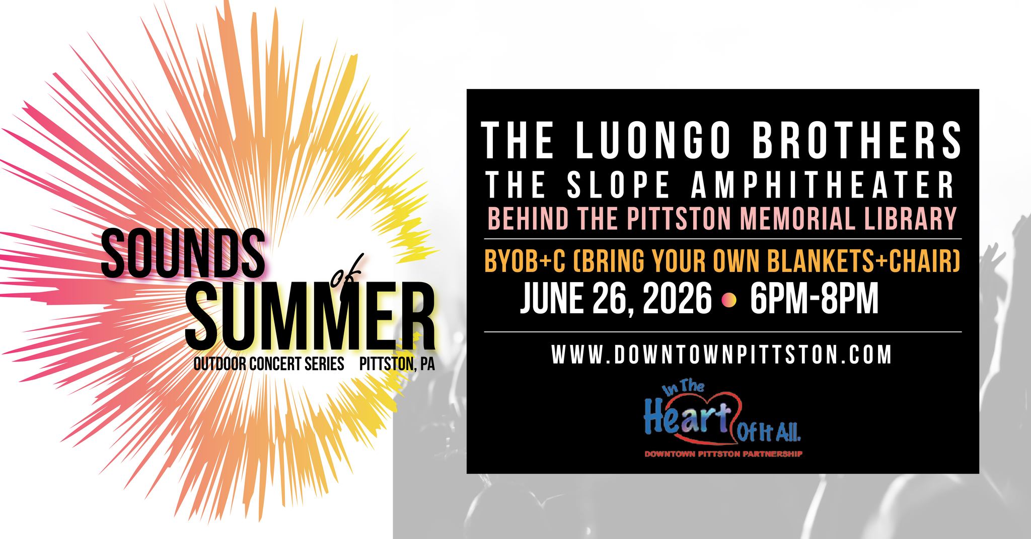 Tonight at the Slope!
Join us this evening for a beautiful night of live music during our FREE Sounds of Summer concert series at the Slope Amphitheater behind the Pittston Memorial Library!
Tonight’s entertainment: The Luongo Brothers performing classic covers you know and love from 6PM–8PM.
Bring your own chair or blanket!
📍 47 Broad Street, Pittston
🎵 Free admission | Open to all