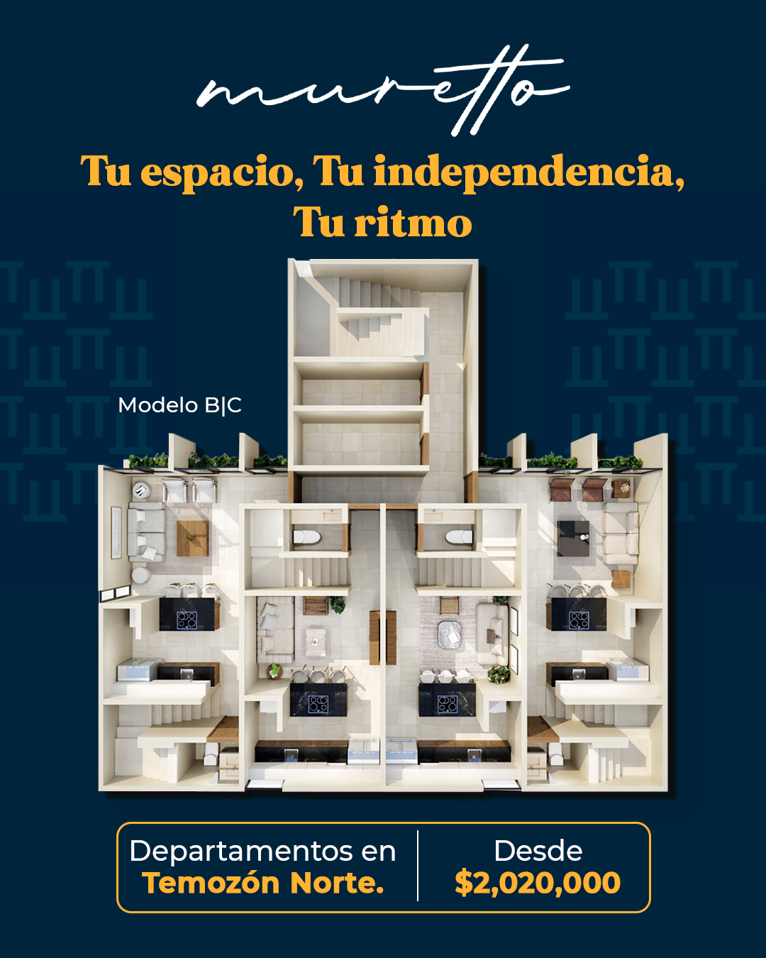 Tu espacio también habla de la vida que quieres construir.
El Modelo B|C de #MURETTO está diseñado para quienes buscan practicidad y comodidad en Temozón Norte, con espacios funcionales como sala-comedor, cocina, 1/2 baño, recámara y baño completo.
✨ Además, contamos con facilidades de financiamiento para ayudarte a dar el siguiente paso.
📍 Conoce las opciones disponibles para ti.
#TemozonNorte #MeridaYucatan #DepartamentosMerida #Plusvalia #Temozon #BienesRaicesMexico #Calume