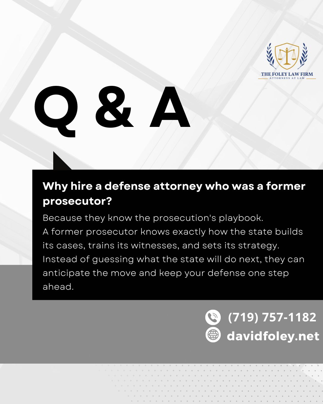 Because they know the prosecution's playbook.
A former prosecutor knows exactly how the state builds its cases, trains its witnesses, and sets its strategy. Instead of guessing what the state will do next, they can anticipate the move and keep your defense one step ahead.
#TheFoleyLawFirm #coloradosprings #DefenseAttorney #FormerProsecutor