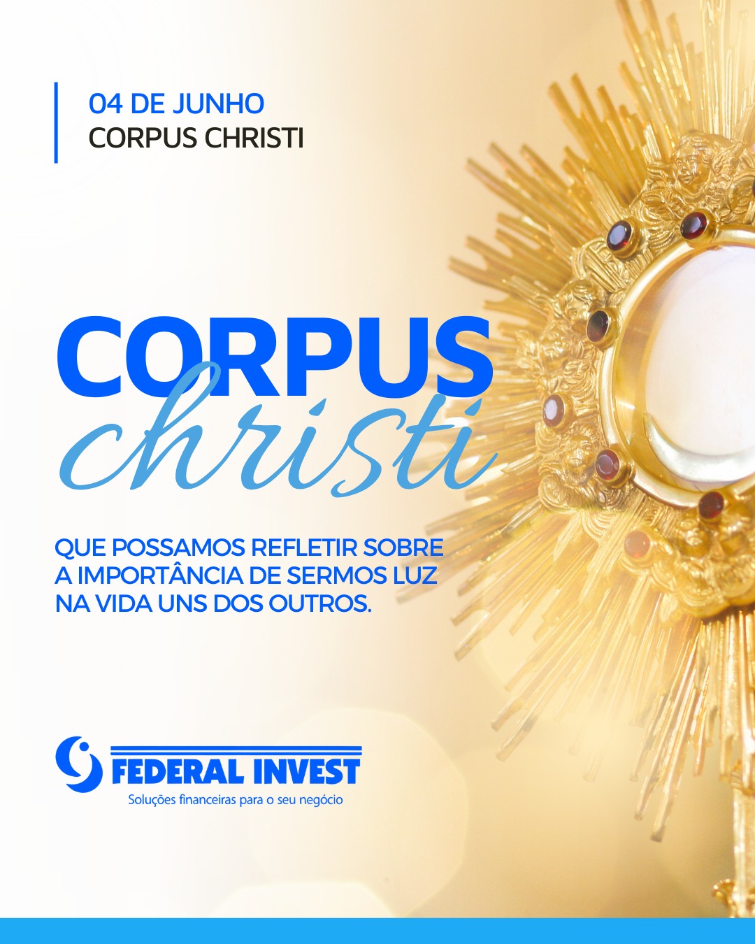 Que esta data nos inspire a refletir sobre a importância da fé, da esperança e de sermos luz na vida uns dos outros.
Momentos de união, amor e solidariedade fortalecem caminhos e aproximam pessoas.
#CorpusChristi #Fe #Esperanca #FederalInvest