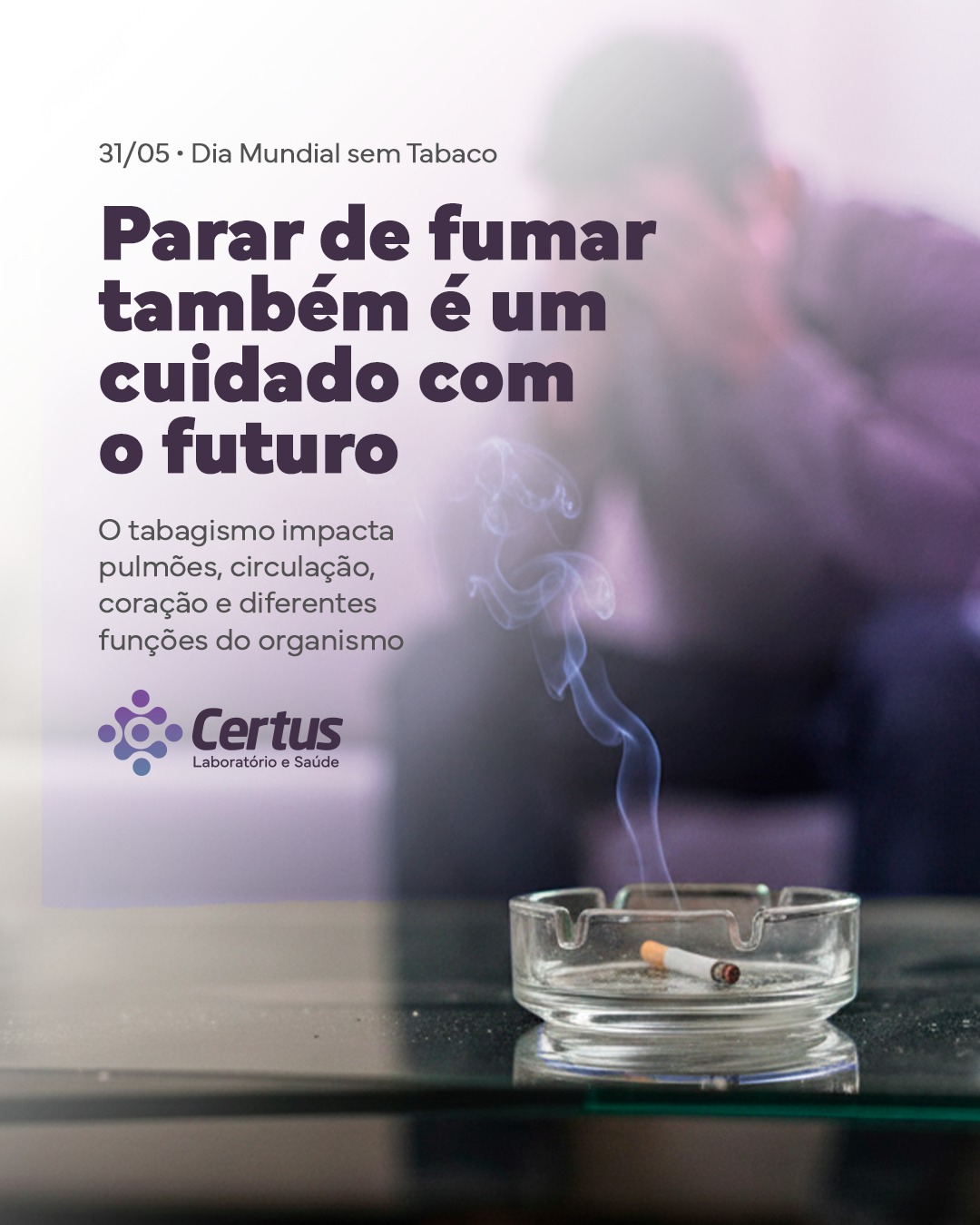 🚭 O Dia Mundial sem Tabaco reforça a importância da conscientização sobre os impactos do cigarro na saúde e na qualidade de vida.
O tabagismo está relacionado a diferentes doenças respiratórias, cardiovasculares e metabólicas, além de afetar diretamente o funcionamento do organismo ao longo do tempo.
Buscar informação, acompanhamento e apoio para reduzir ou interromper o uso do cigarro também é uma forma importante de cuidar da saúde e do bem-estar.
Certus Laboratório e Saúde
📍 Piumhi (Centro)
Praça Guia Lopes, nº 54, Anexo à Santa Casa
📞Telefone: (37) 3371-9511
📱WhatsApp: (37) 99965-0200
📍 São Roque de Minas
Rua Francisco Alves Oliveira, 230, Centro
📱📞Telefone/WhatsApp: (37) 99991-0500
Site: www.certuslaboratorio.com.br
🕐 Horário de funcionamento:
Piumhi:
Segunda a sexta: das 6h30 às 19h
Sábado e feriados: das 7h às 19h
Domingo: das 7h às 13h
São Roque de Minas:
Segunda a sexta: das 6h30 às 17h30
Sábado: das 7h as 11h