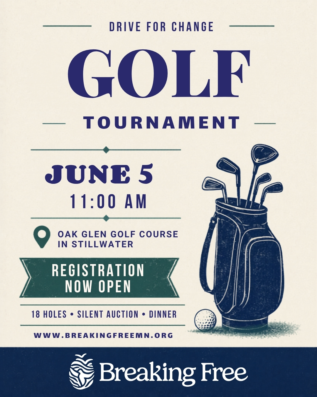 One week away!
Breaking Free’s Drive for Change Golf Tournament is coming up on **June 5 at Oak Glen Golf Course in Stillwater, Minnesota**.
Registration is still open for golfers and supporters who want to be part of a meaningful day on the course. The event will include 18 holes of golf, dinner, a silent auction, and opportunities to support survivor-centered services in Minnesota.
Proceeds from the golf tournament help advance Breaking Free’s mission to end sex trafficking and sexual exploitation while supporting survivors through housing, advocacy, prevention, education, and healing-focused care.
Event details:
June 5
11:00 AM start
Oak Glen Golf Course in Stillwater, MN
18 holes, silent auction, and dinner
Register today or learn more about sponsorship opportunities at breakingfreemn.org