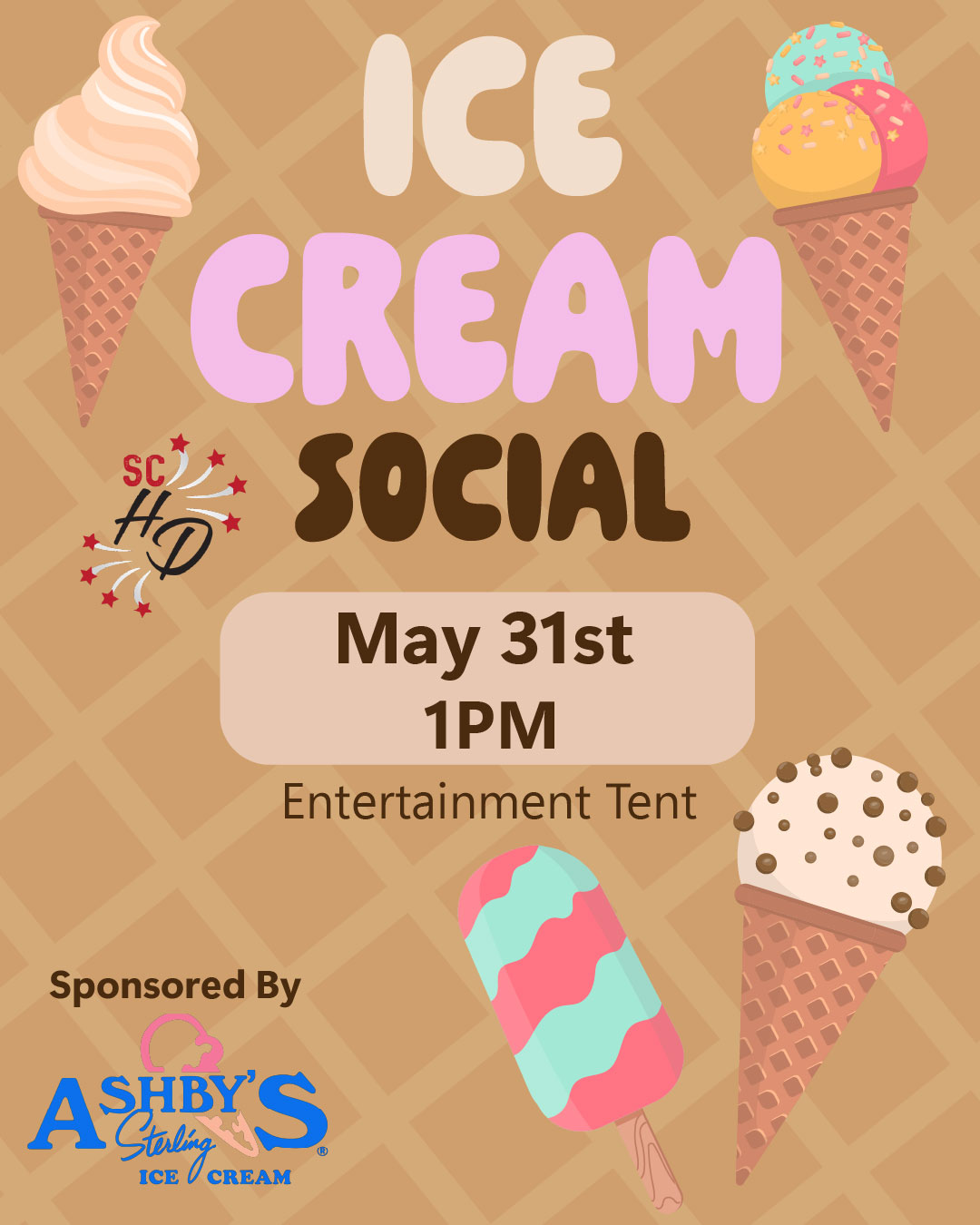 Ice Cream Social Today!
Join us in the Entertainment Tent at 1:00 PM for a sweet treat!
FREE for everyone
A big thank you to our amazing sponsor Ashby's Sterling Ice Cream for making this possible!
Don’t miss out come enjoy some ice cream and community fun!